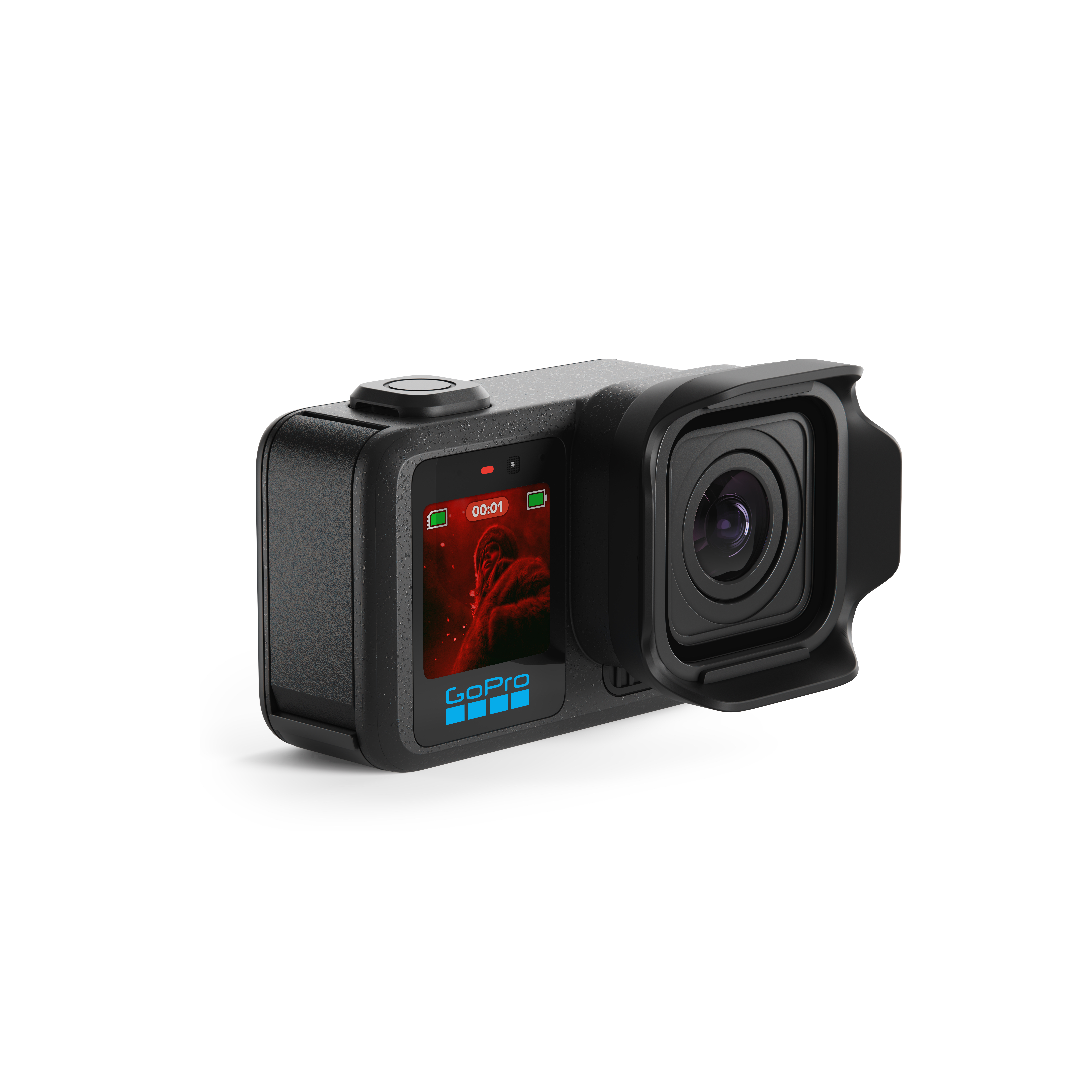 Schwarze GoPro-Kamera mit angebrachtem Objektivschutz. Der Bildschirm zeigt ein rotes Bild.