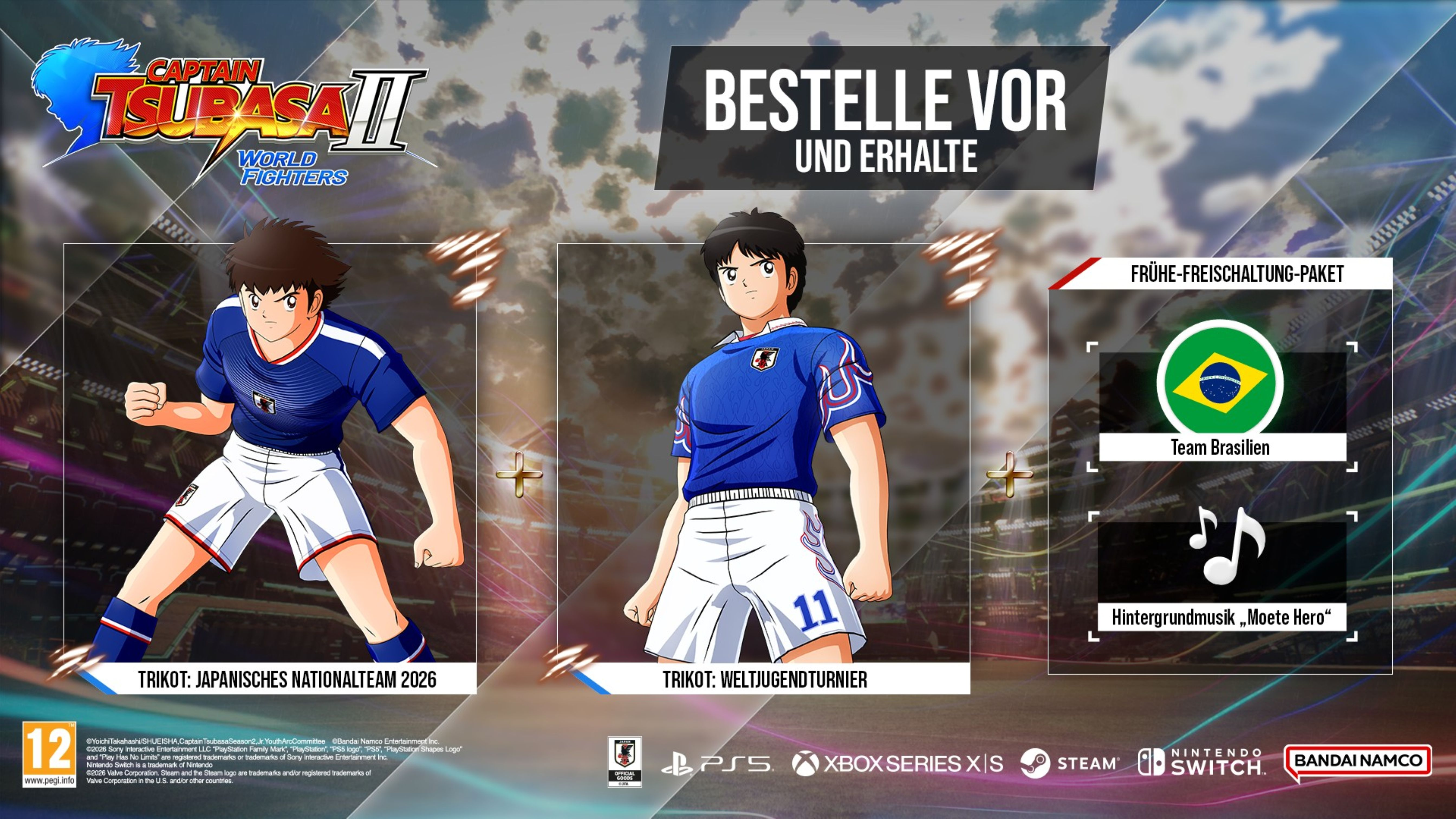 Captain Tsubasa 2: World Fighters Spielwerbung mit zwei Charakteren und Boni.