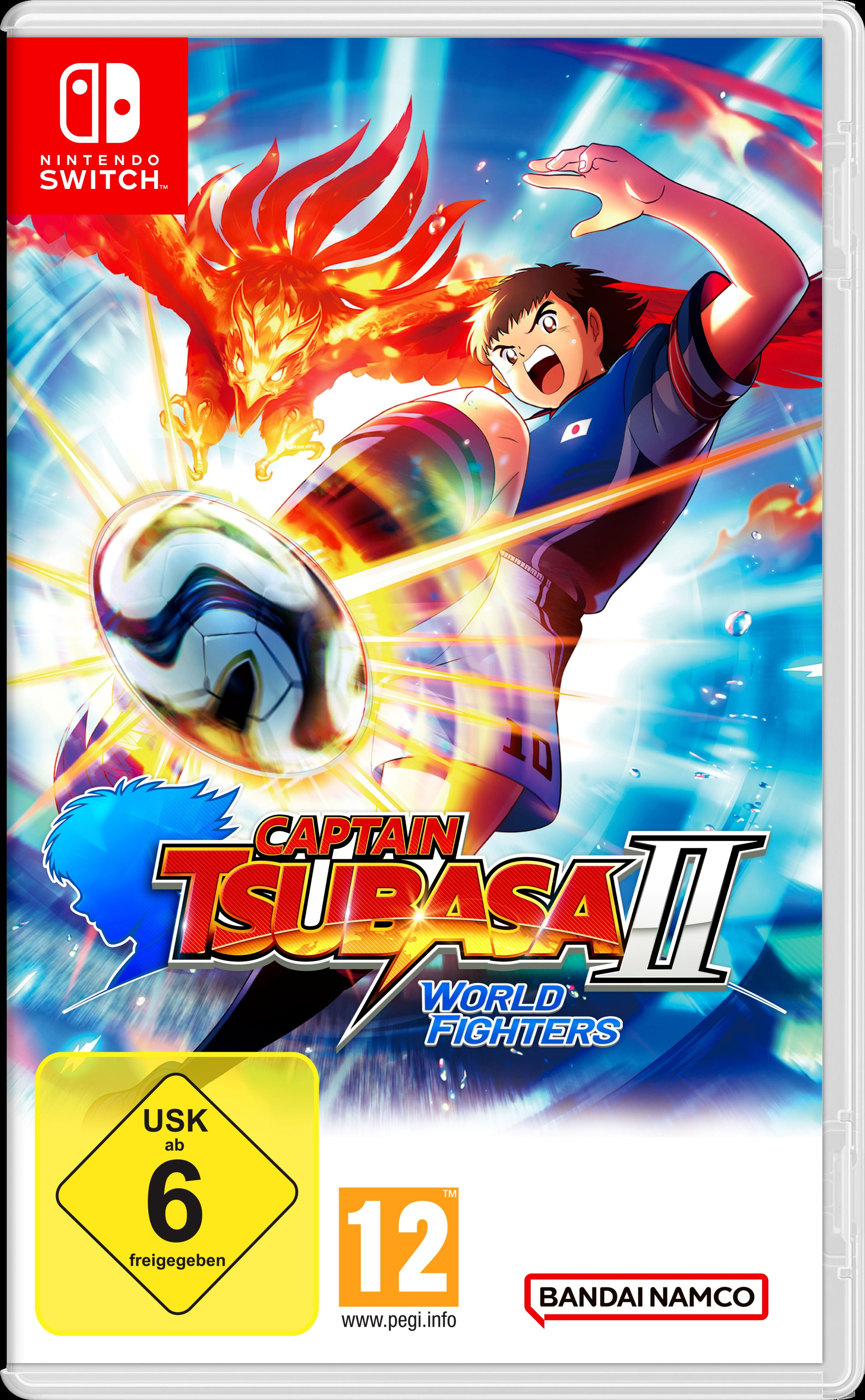 Nintendo Switch Spiel "Captain Tsubasa II World Fighters" mit Anime-Krieger und Fußball.