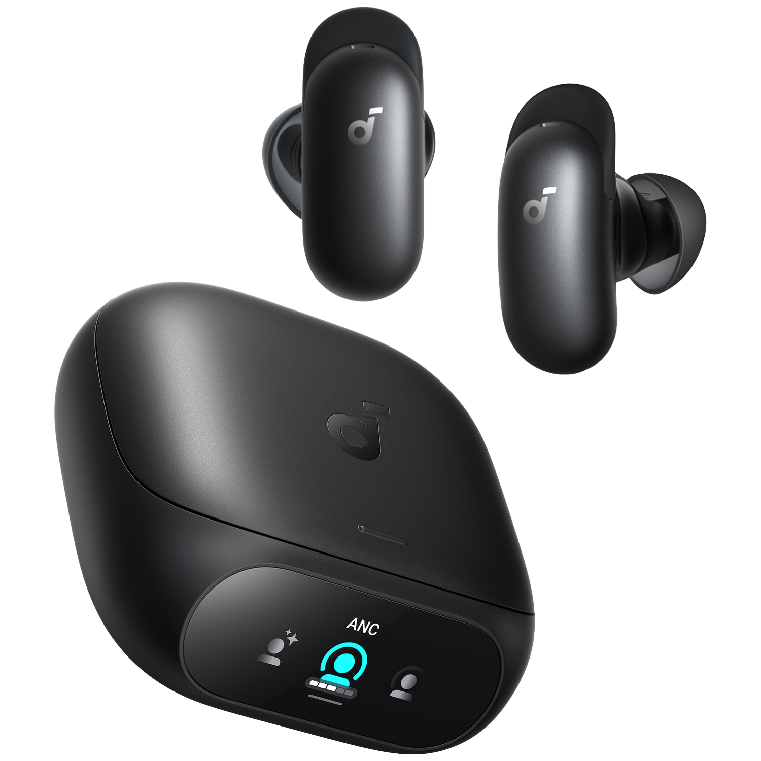 Black charging case with two earbuds beside it, featuring a blue display.