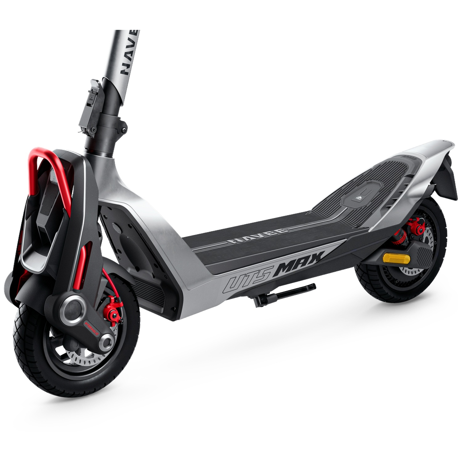 A silver electric scooter with red accents, featuring "UTS MAX" branding.