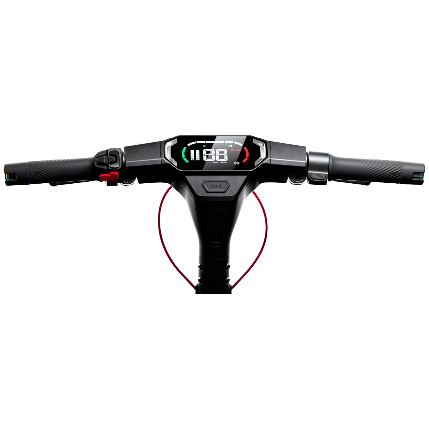 Electric scooter handlebars with digital display, throttle, and brake.