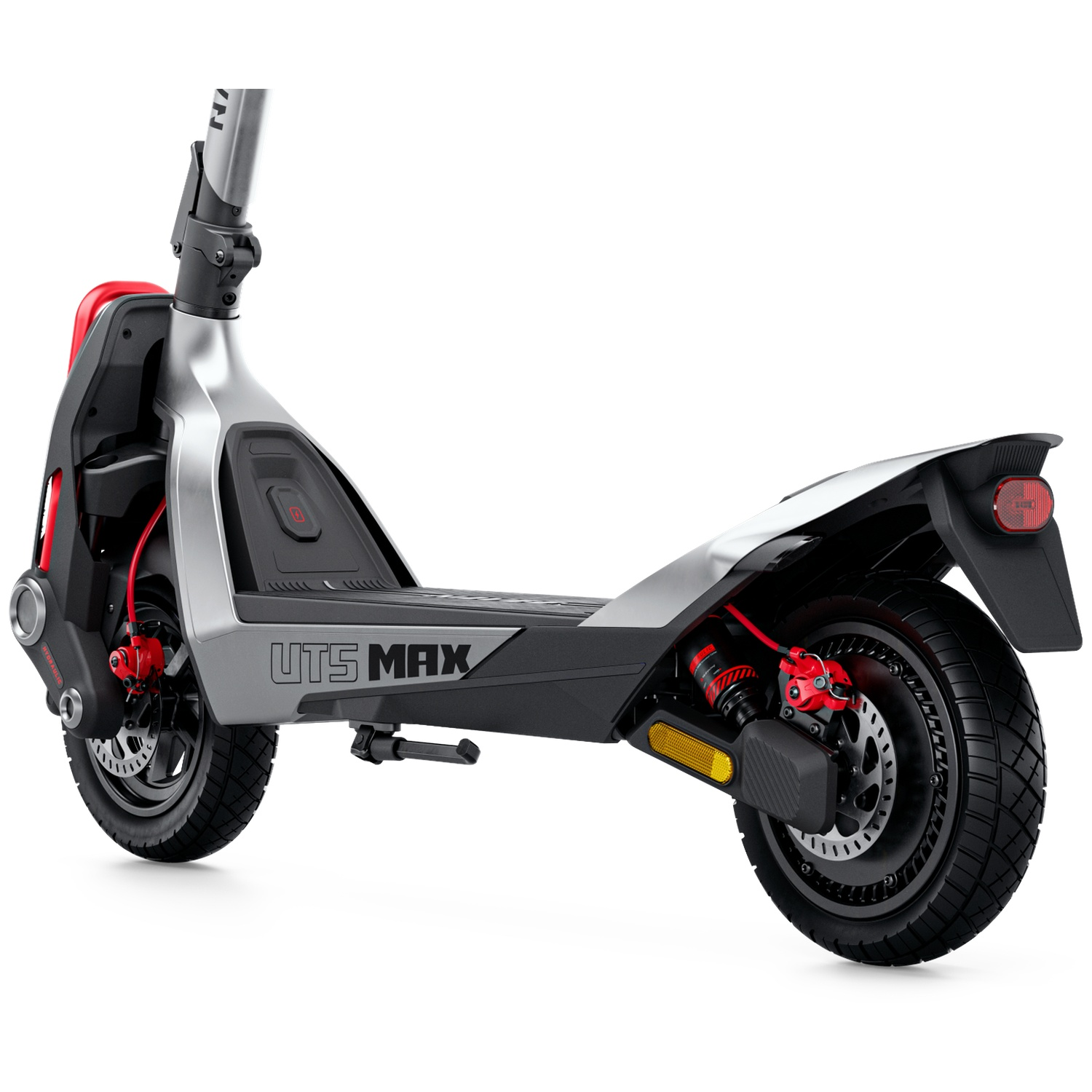 Silver electric scooter with red accents and UTS MAX lettering.