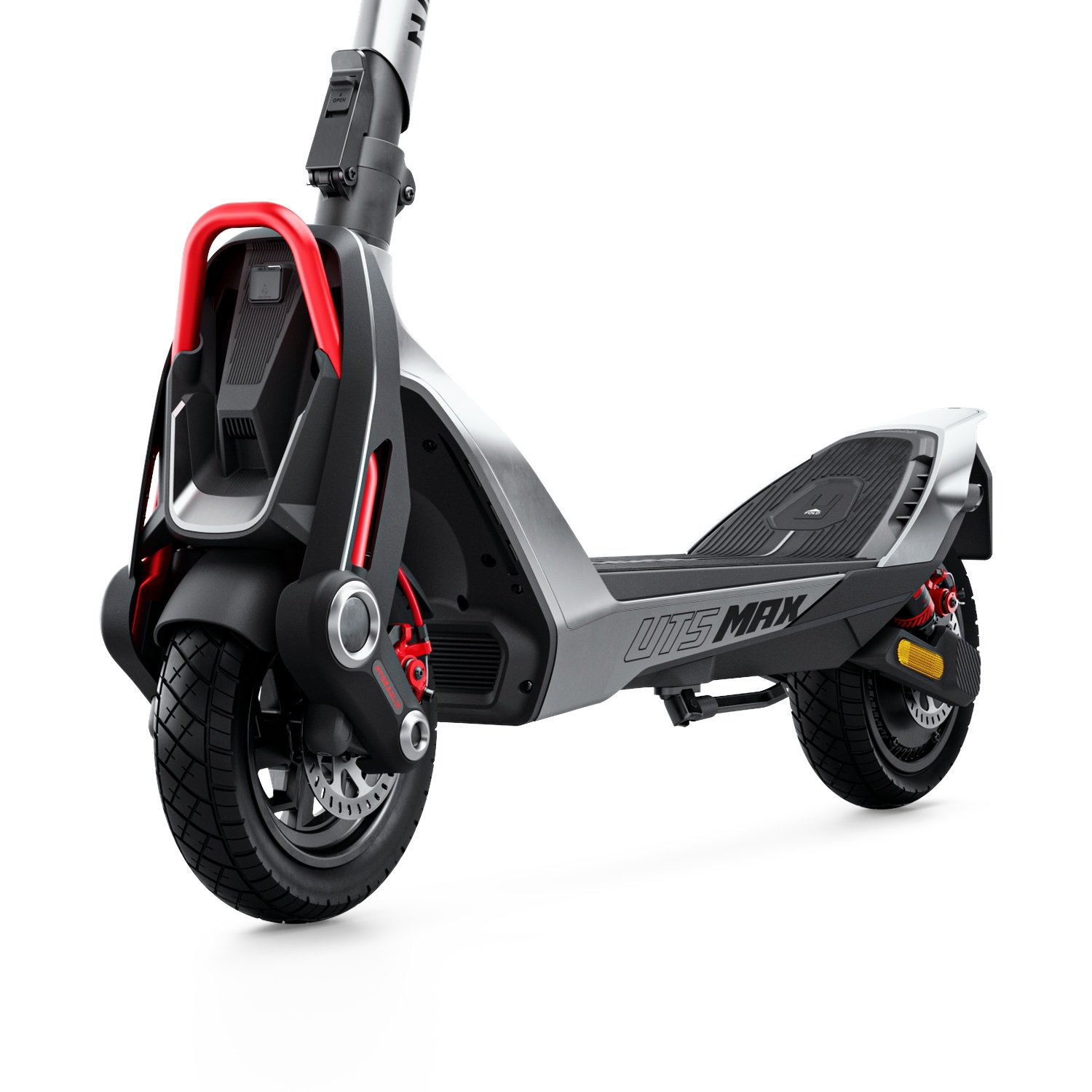 A silver electric scooter with red accents and 'UTS MAX' branding.