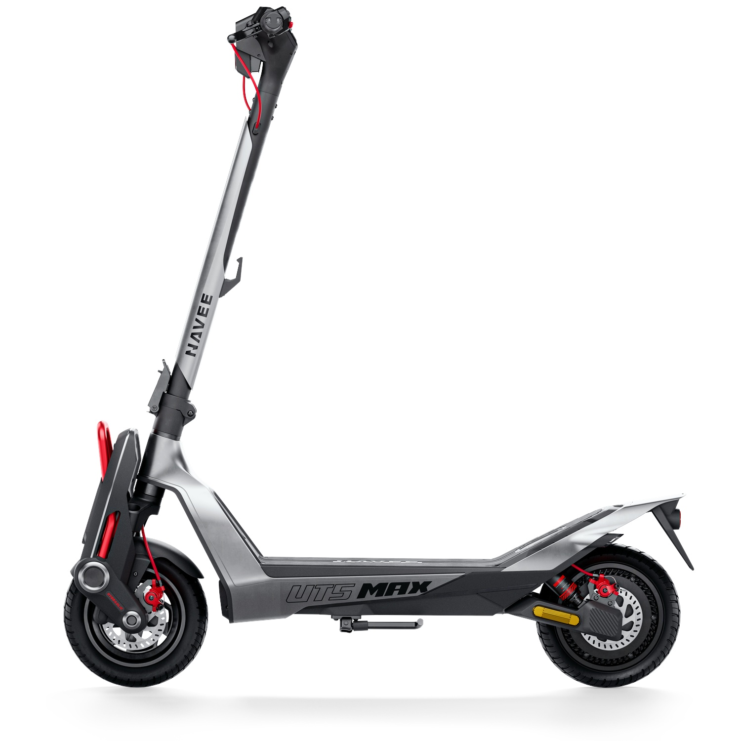 Gray electric scooter with red accents on a white background.
