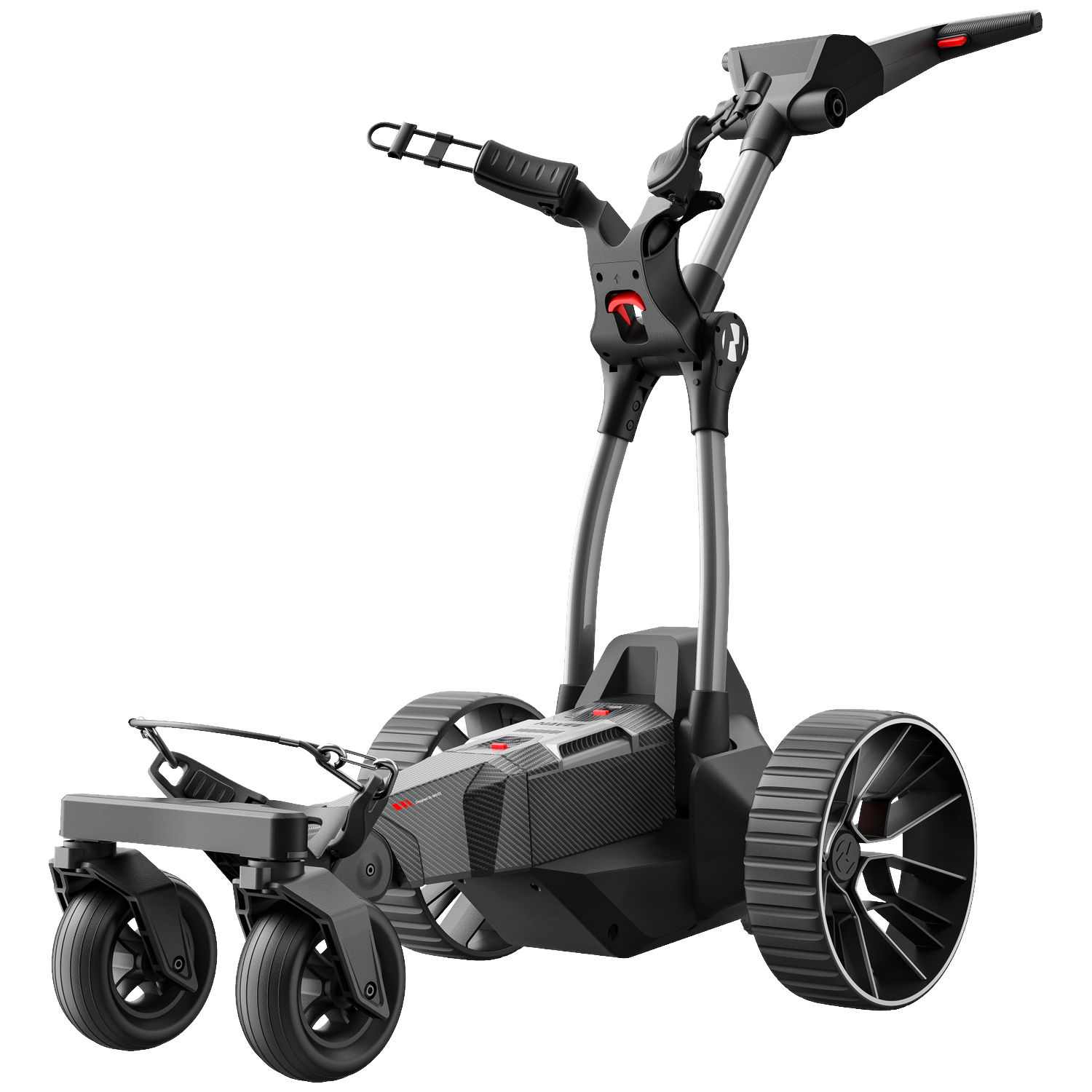 Un chariot de golf électrique gris à quatre roues et corps en fibre de carbone noire est présenté.
