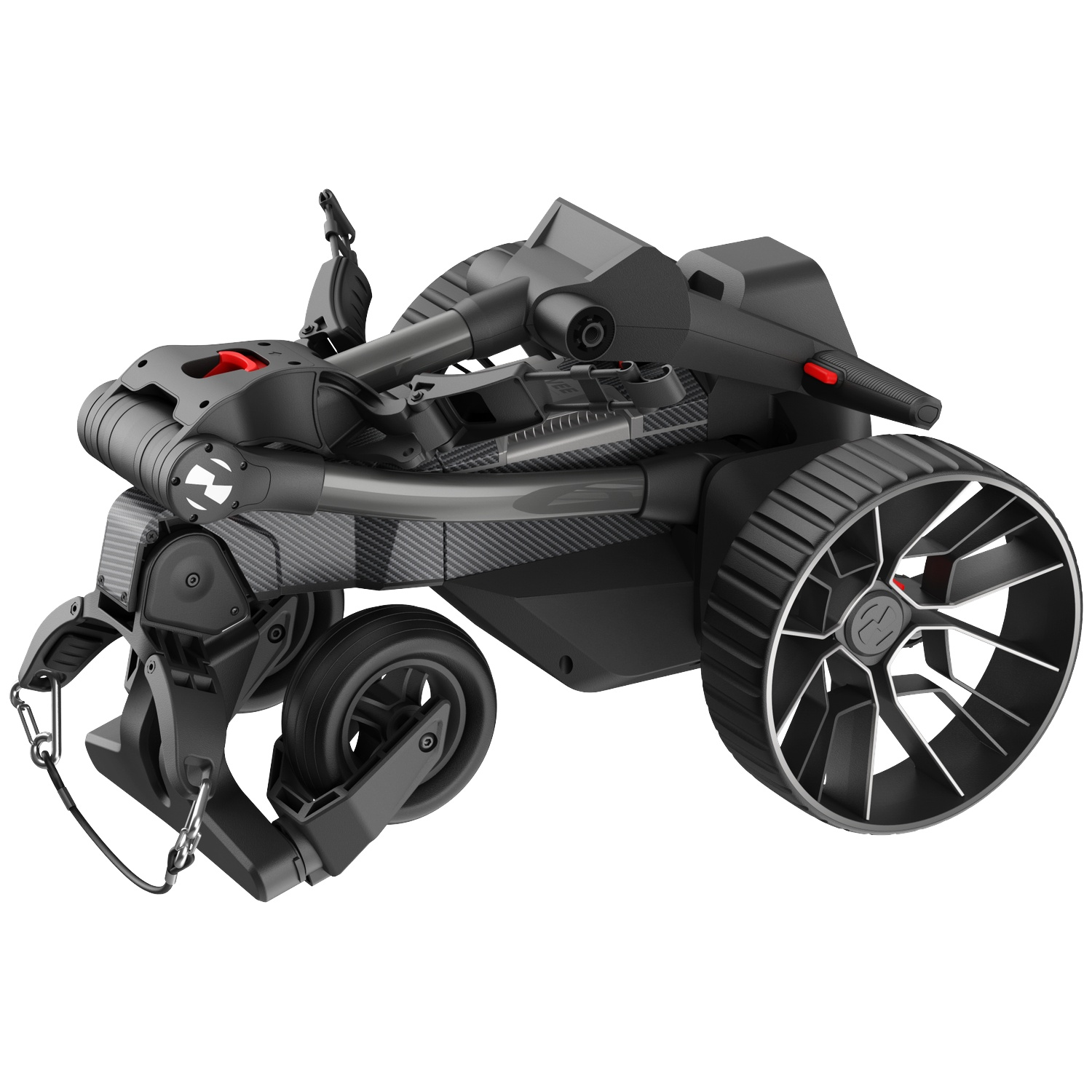 Een zwarte, driewielige golftrolley met een opvouwbaar frame en carbon accenten.