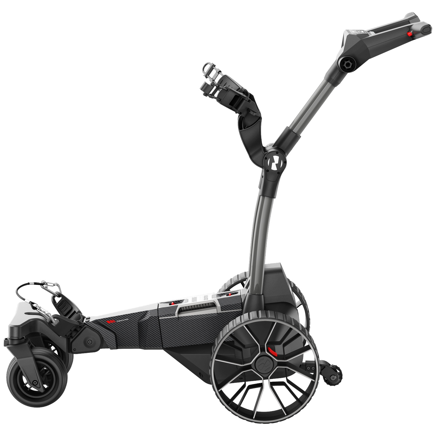 Een grijze en zwarte elektrische golfkar met drie wielen.