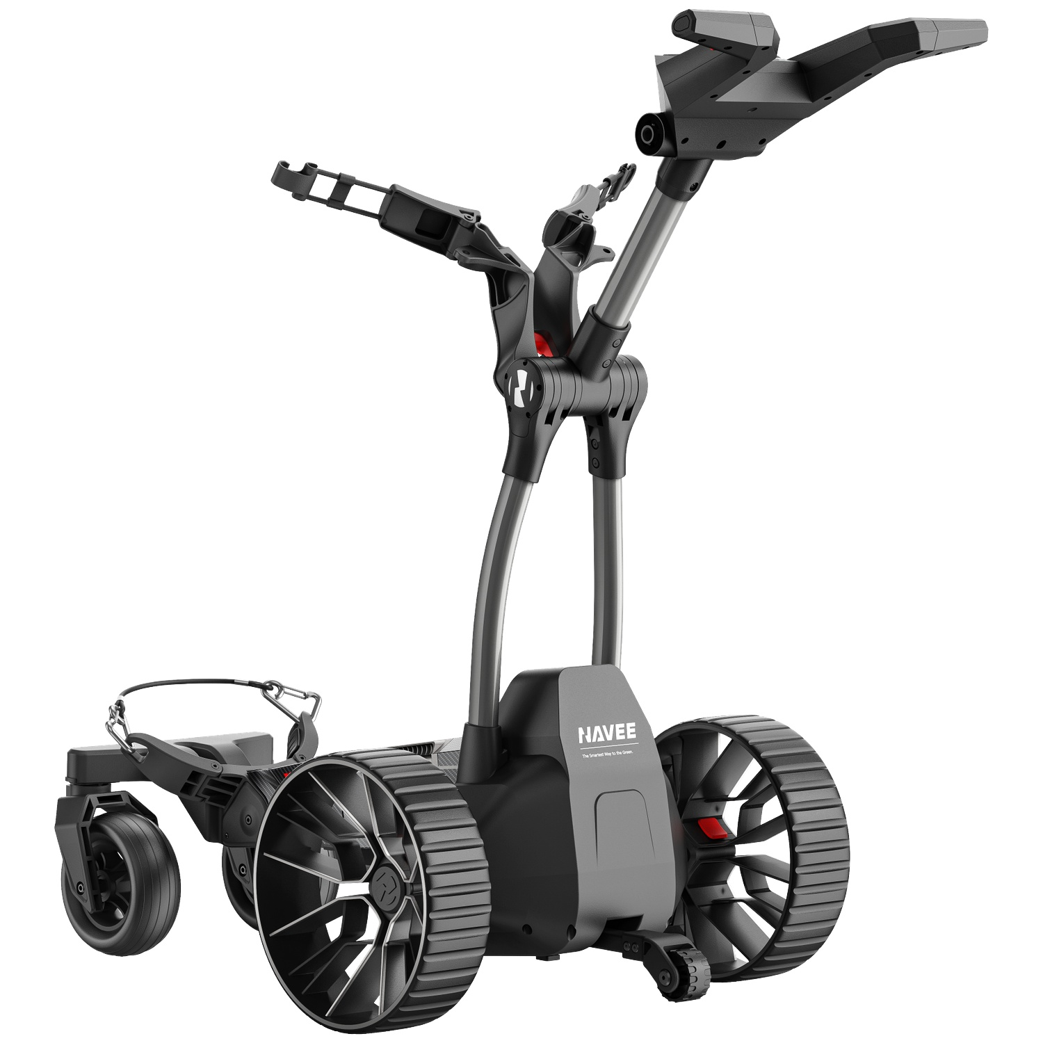 Een zwarte, moderne golfkar met drie wielen en zilveren accenten.