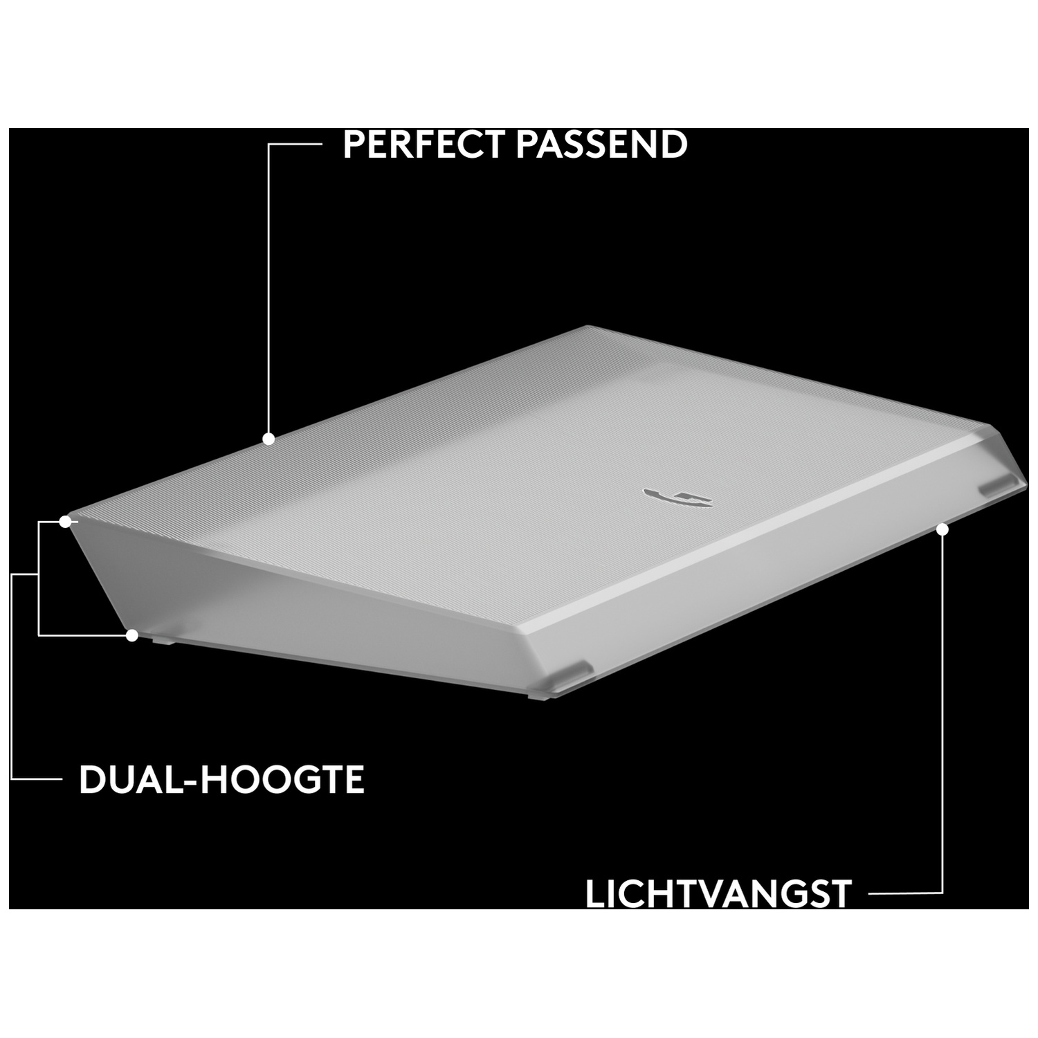 Grijs, rechthoekig object met geribbeld patroon en tekst. Perfecte pasvorm.