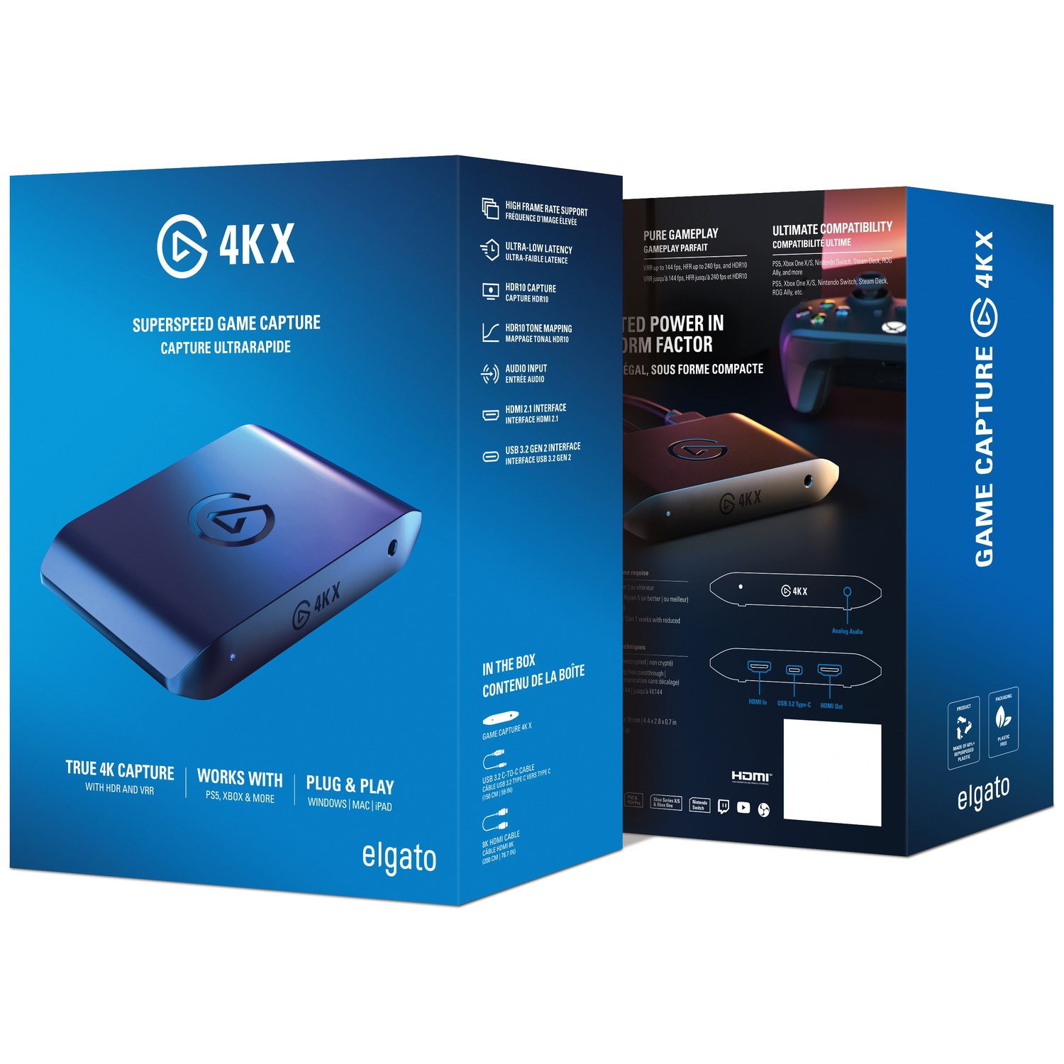 Emballage Elgato Game Capture 4K X avec image produit et détails techniques.