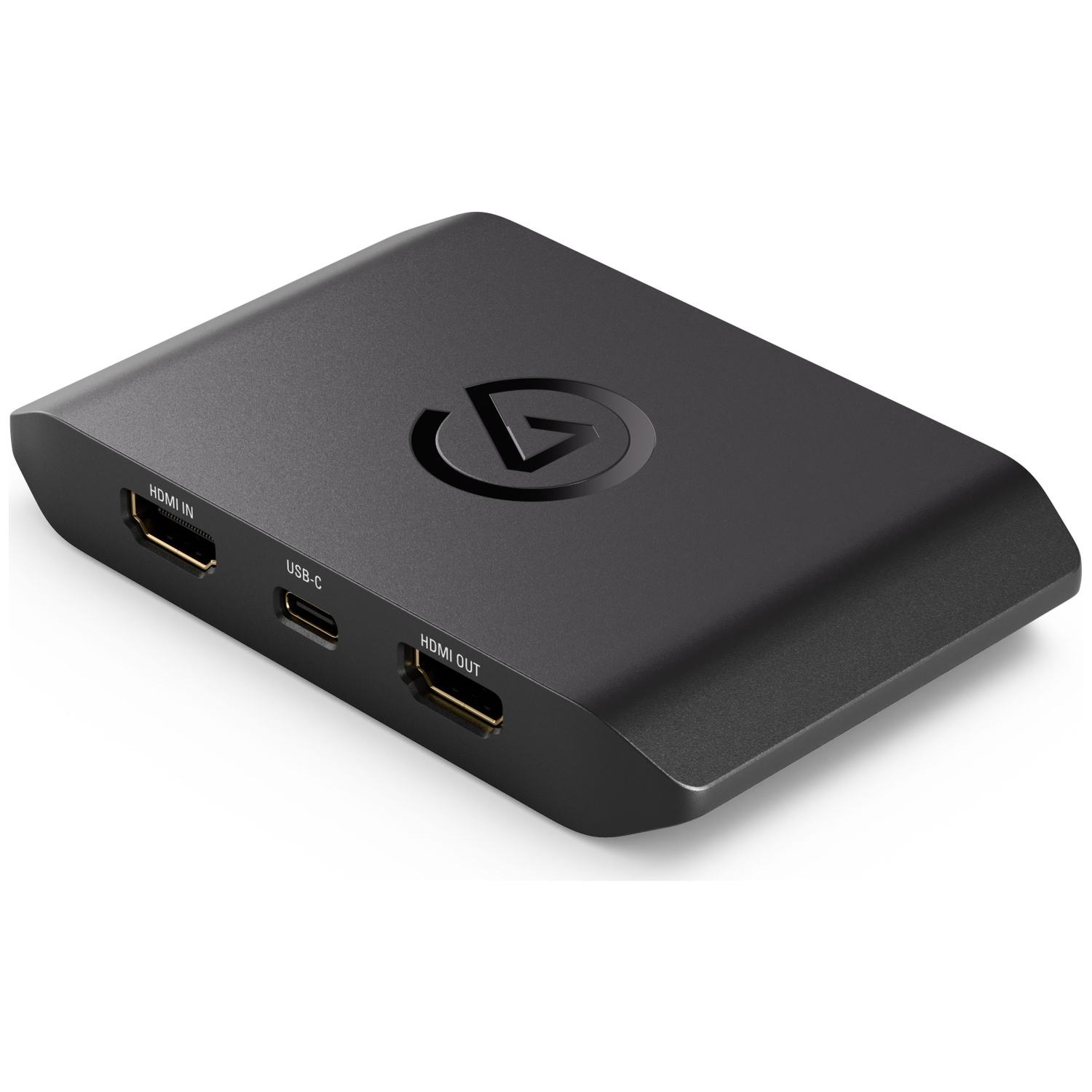 Un appareil de capture noir avec ports HDMI IN, USB-C et HDMI OUT.