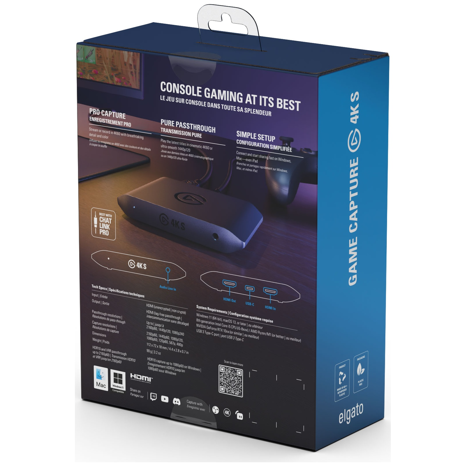 Boîte Elgato Game Capture 4K S avec images du produit et spécifications.