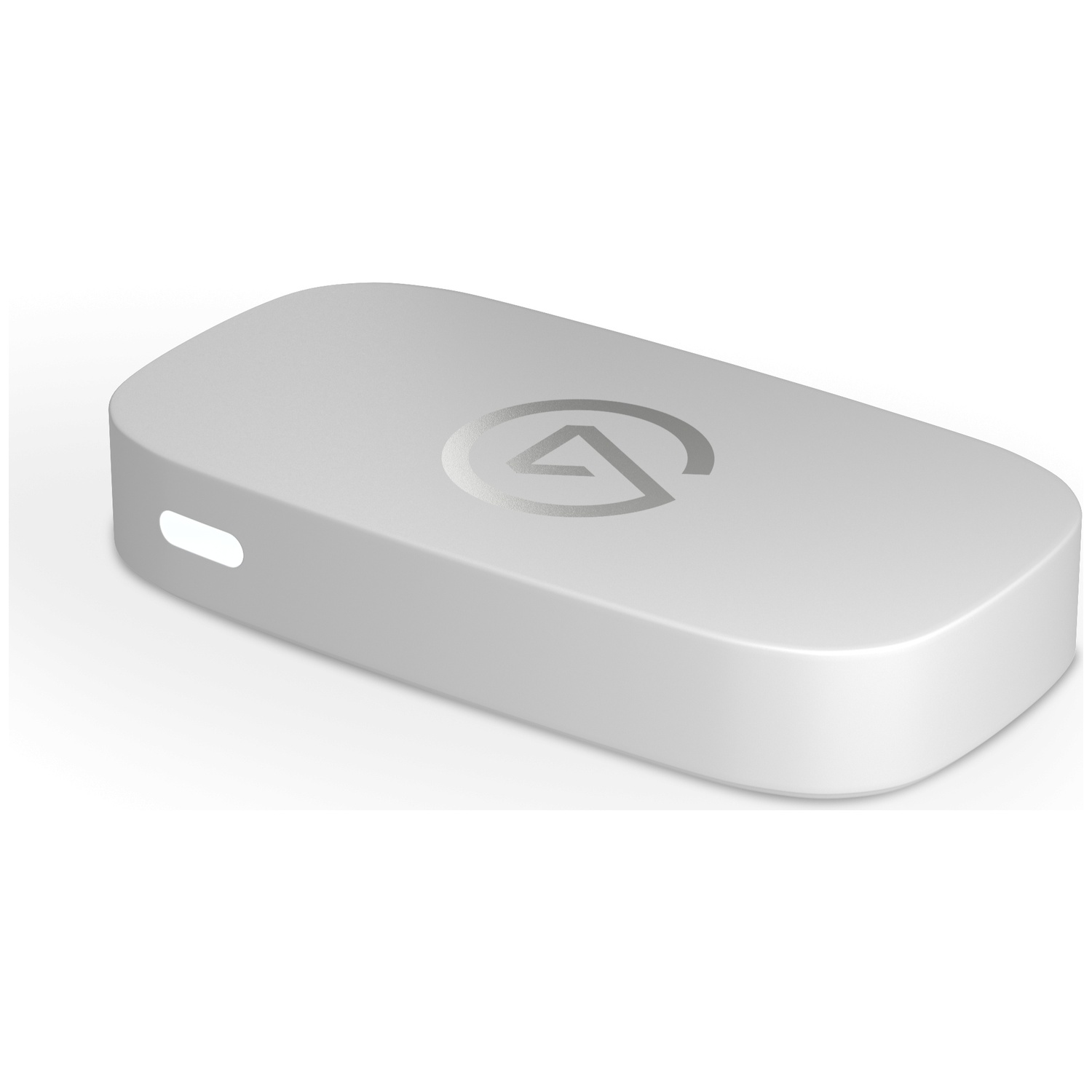 A small, white, rectangular device with rounded corners and a logo.