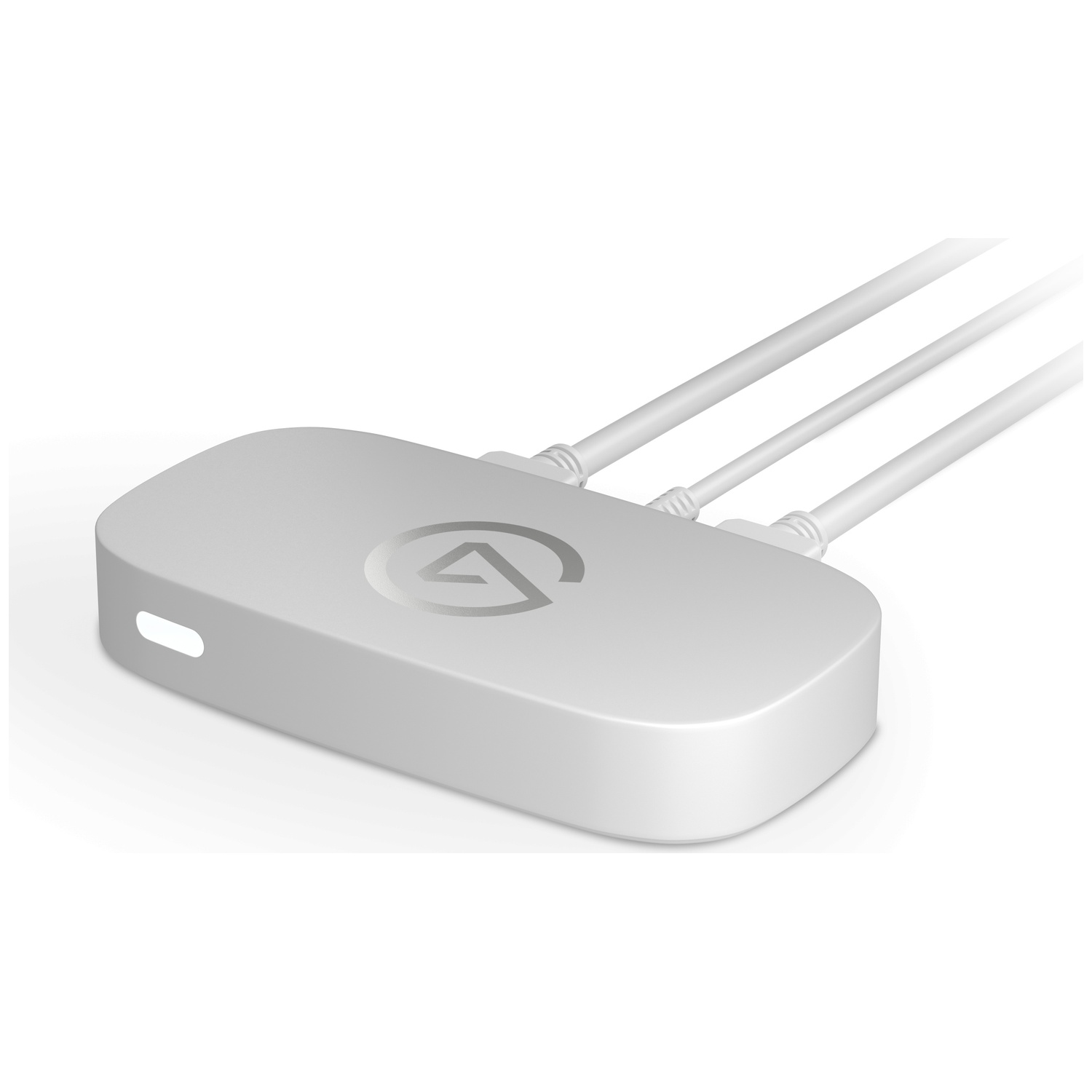 A white rectangular device with a logo and three cables extending backward.