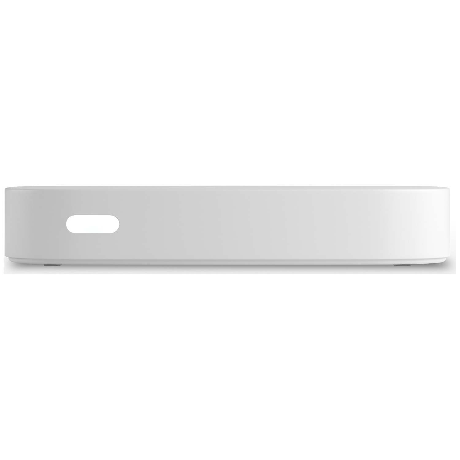 A sleek, white rectangular device with an oval cutout on its left side.