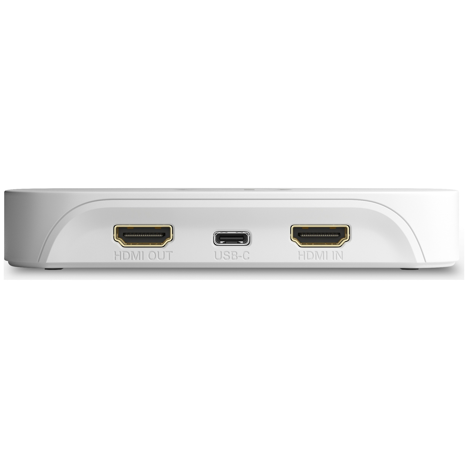 A white device with HDMI OUT, USB-C, and HDMI IN ports.
