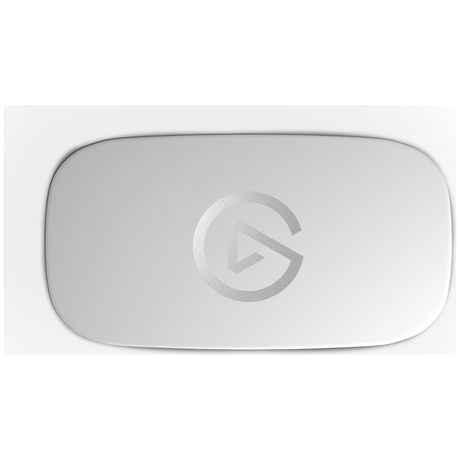 A silver, rounded rectangular device with a silver logo in the center.
