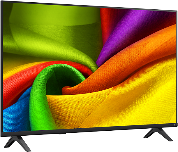 Egy modern TV élénk színű, sodródó szövetet mutat: zöld, piros, kék, narancs, lila, sárga.