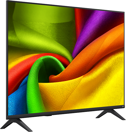 Egy síkképernyős TV élénk színű anyagból készült örvényt mutat: zöld, lila, narancs, piros, kék, sárga.