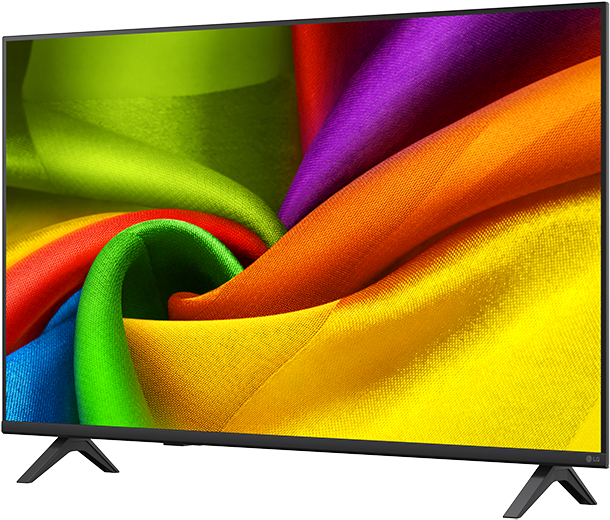 Egy modern televízió élénk, színes anyagmintával a képernyőn.