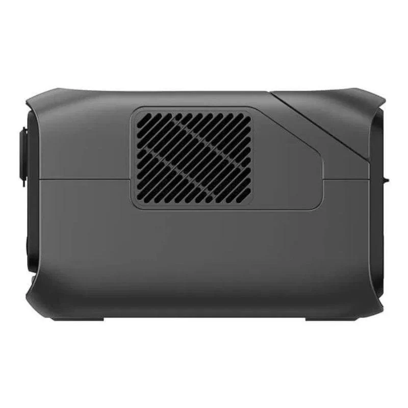 Estación de energía portátil gris oscuro con rejilla de ventilación lateral.