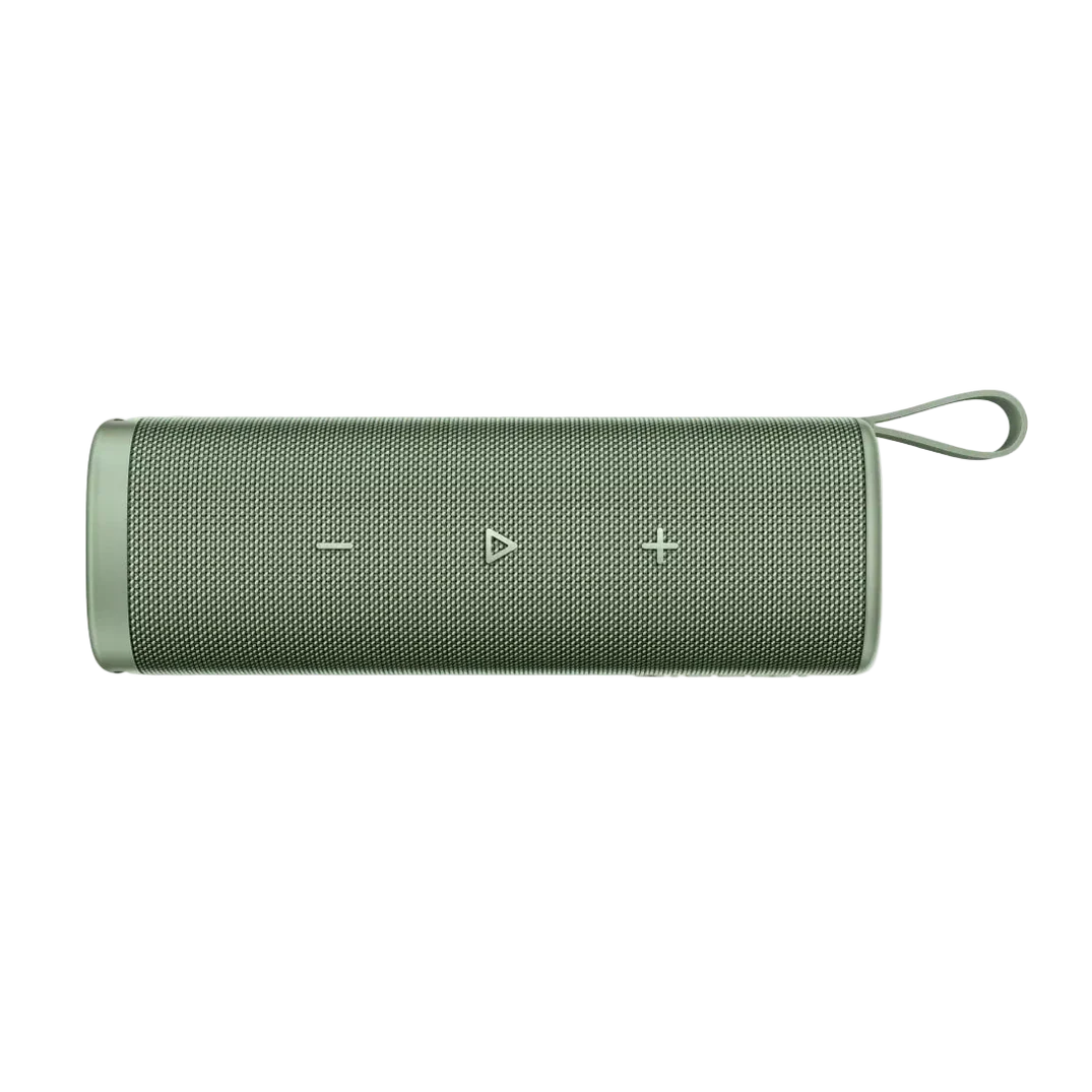 Un altavoz Bluetooth verde y cilíndrico con botones y un asa.