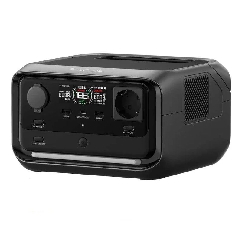 Estación de energía portátil negra con pantalla digital, puertos USB y AC.