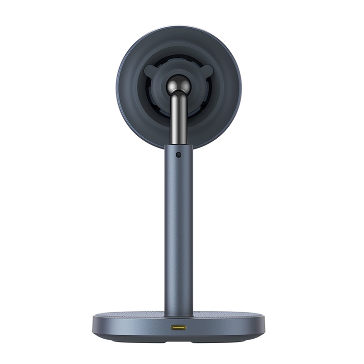 Un ventilador gris y redondo sobre un soporte con puerto USB-C.