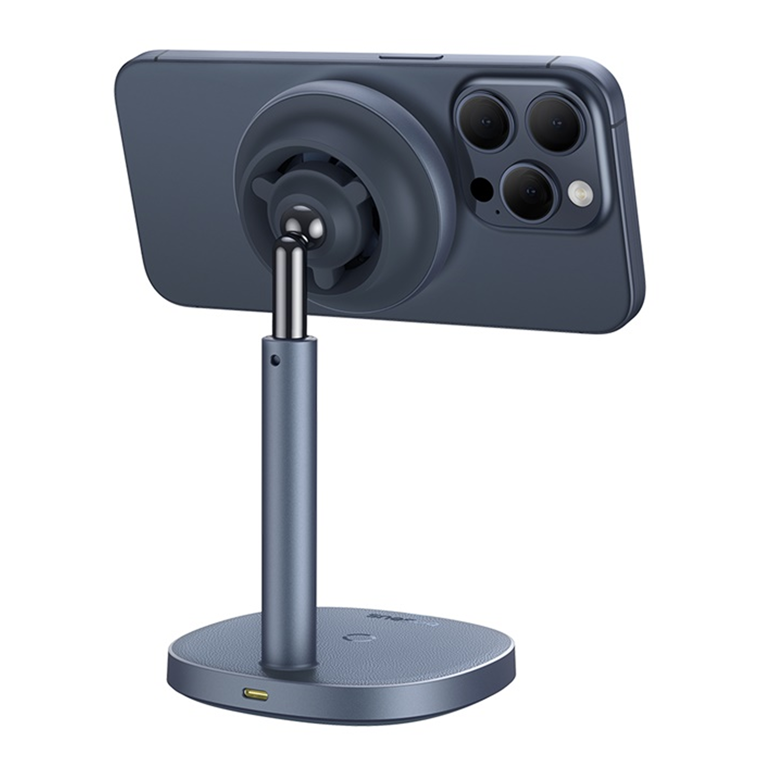 Un smartphone azul sobre un soporte con capacidad de carga.