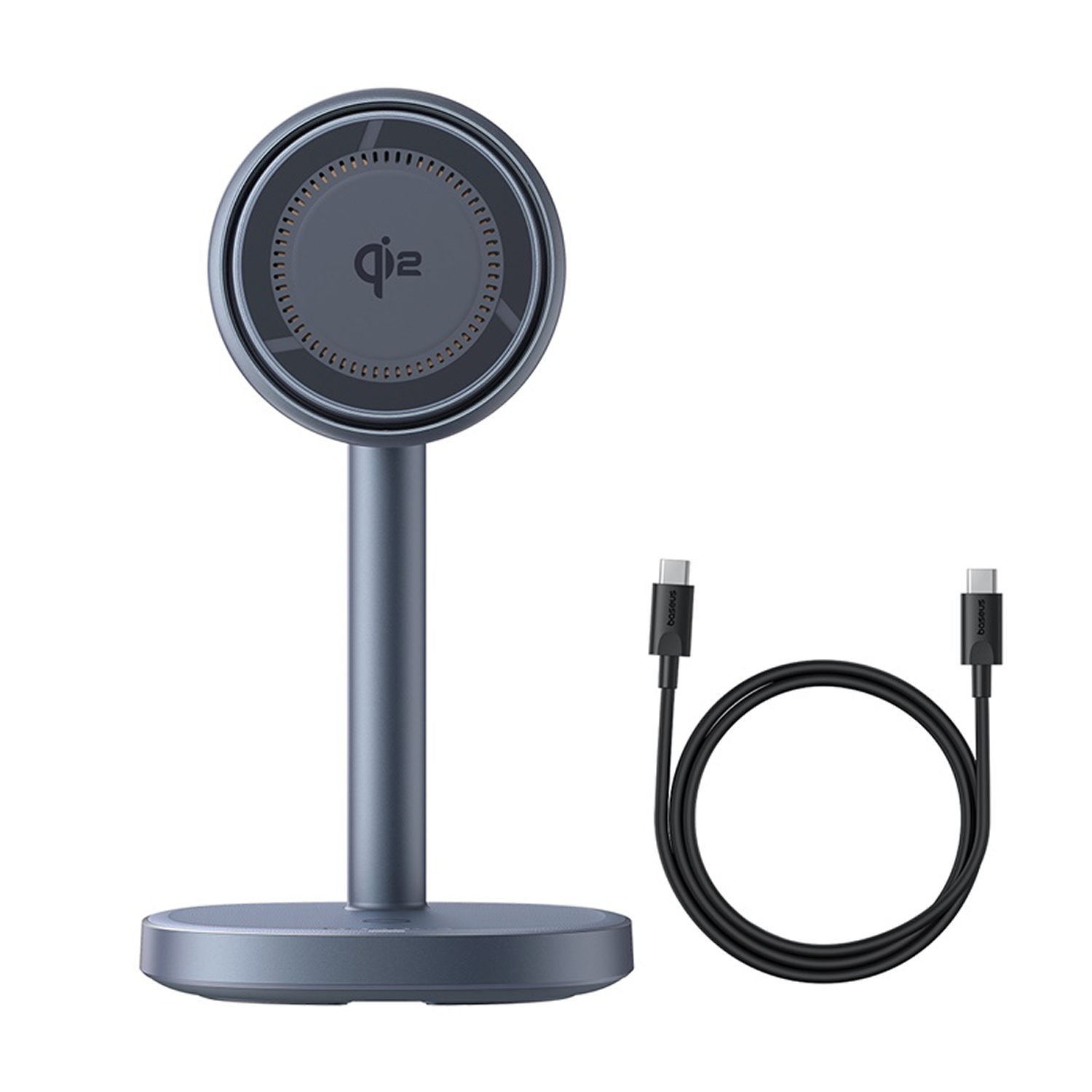Soporte de carga inalámbrica Qi2 gris con cable USB-C negro.