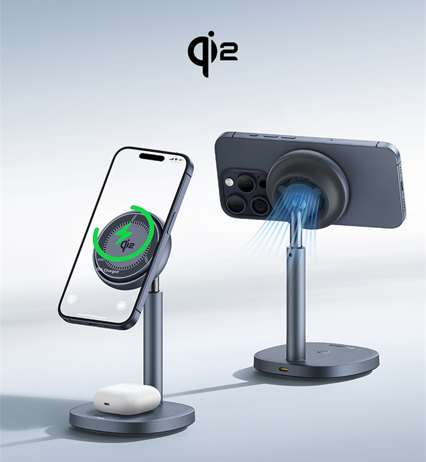 Dos soportes de carga grises con iPhones. Uno muestra un ícono de carga, el otro líneas azules.
