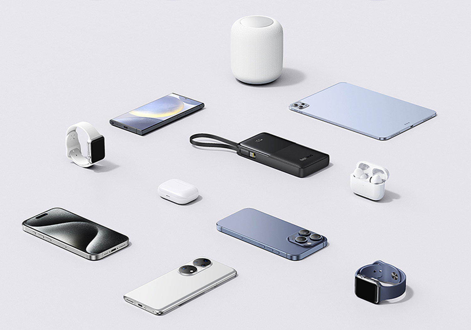 Varios aparatos electrónicos como teléfonos inteligentes, una tableta, relojes inteligentes y audífonos.
