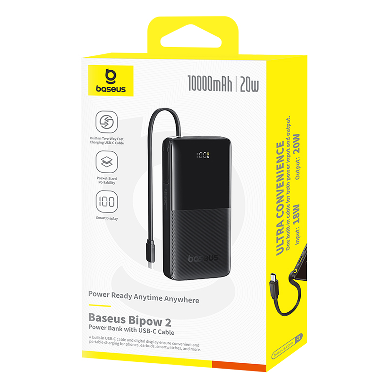 Baseus Bipow 2 power bank, 10000mAh, 20W, negro, con cable USB-C integrado.