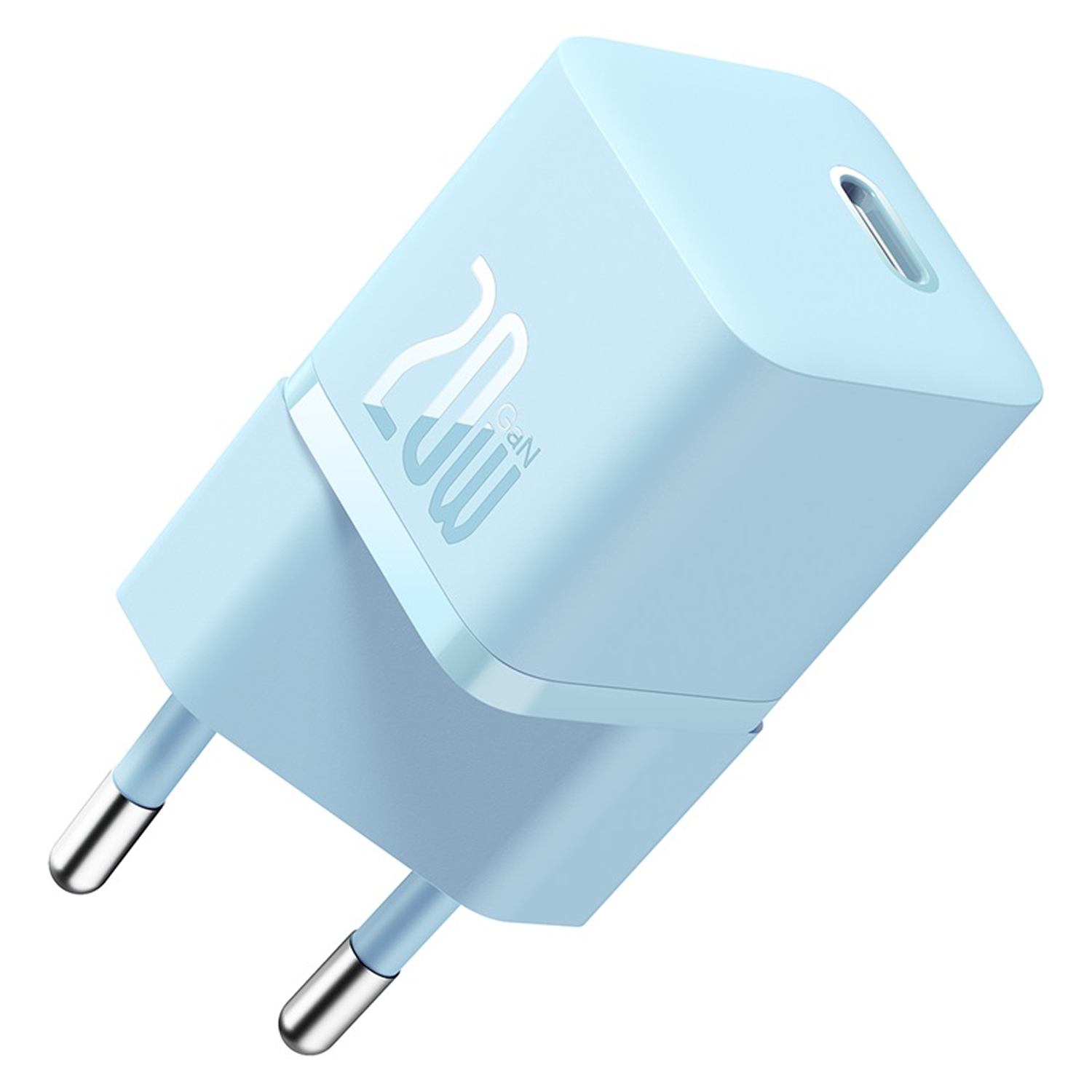 Un cargador GaN azul claro de 20W con dos clavijas plateadas y un puerto USB-C.
