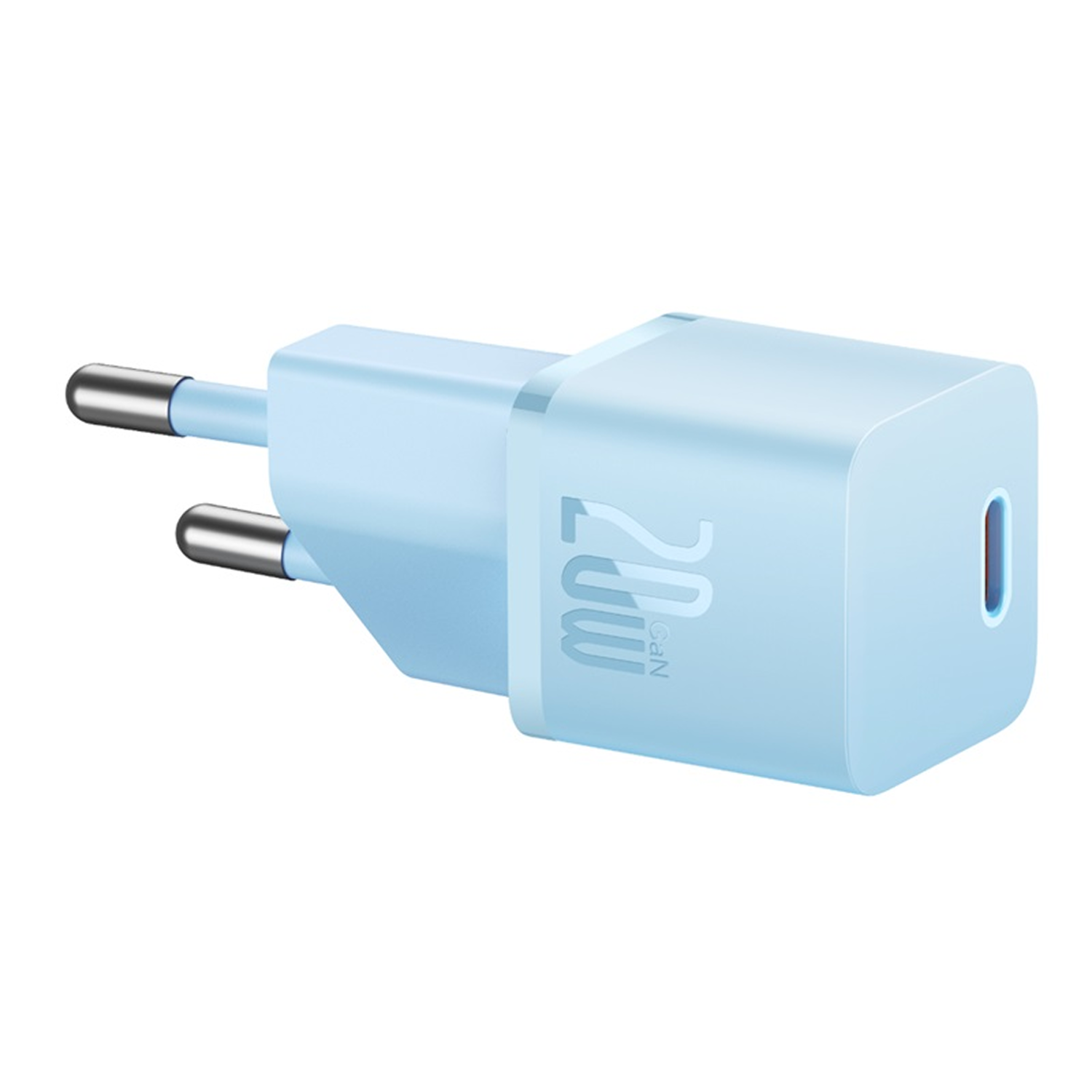 Un adaptador de corriente azul claro con dos clavijas metálicas y un puerto USB-C.