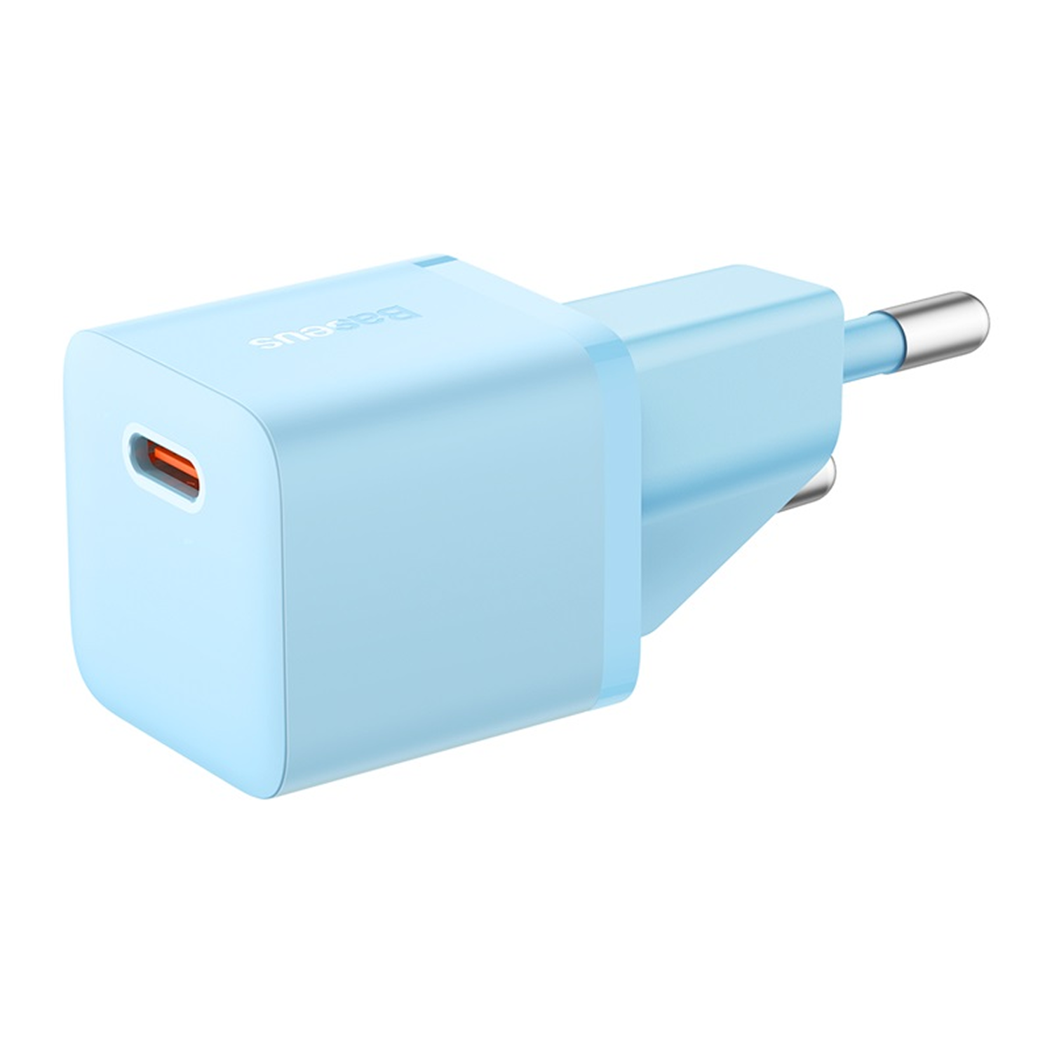 Un cargador USB-C azul claro con clavijas metálicas plateadas.