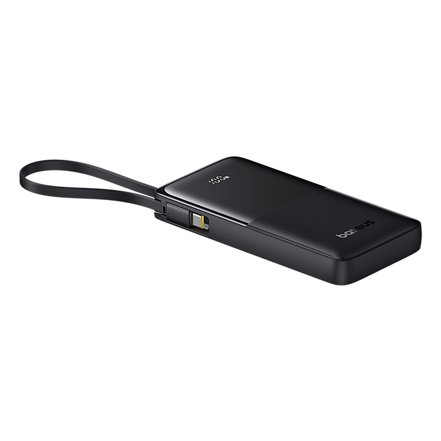 Batería externa Baseus negra con cordón e indicador de carga 100%.