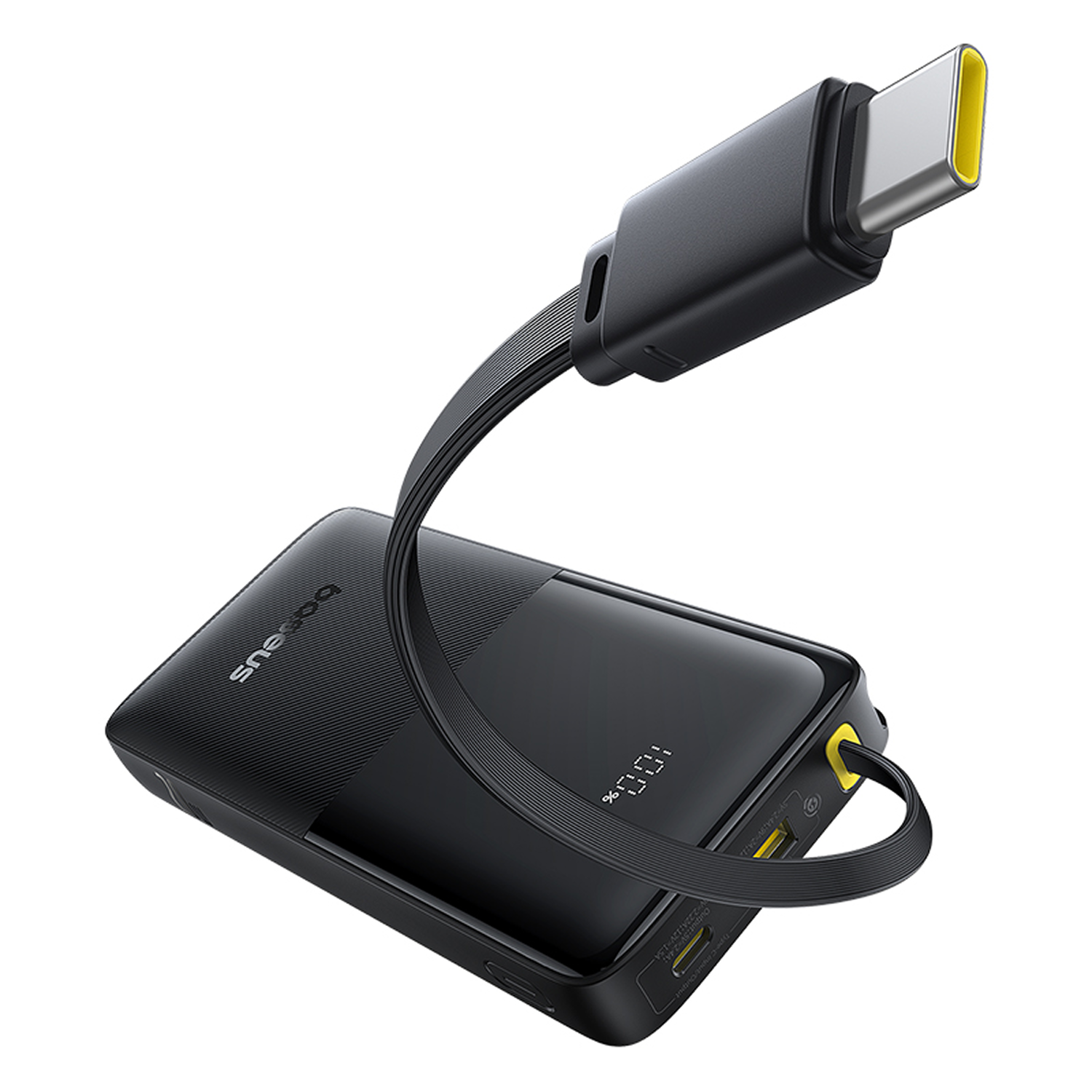 Batería externa negra con cable USB-C y conector amarillo. Carga del 100% mostrada.