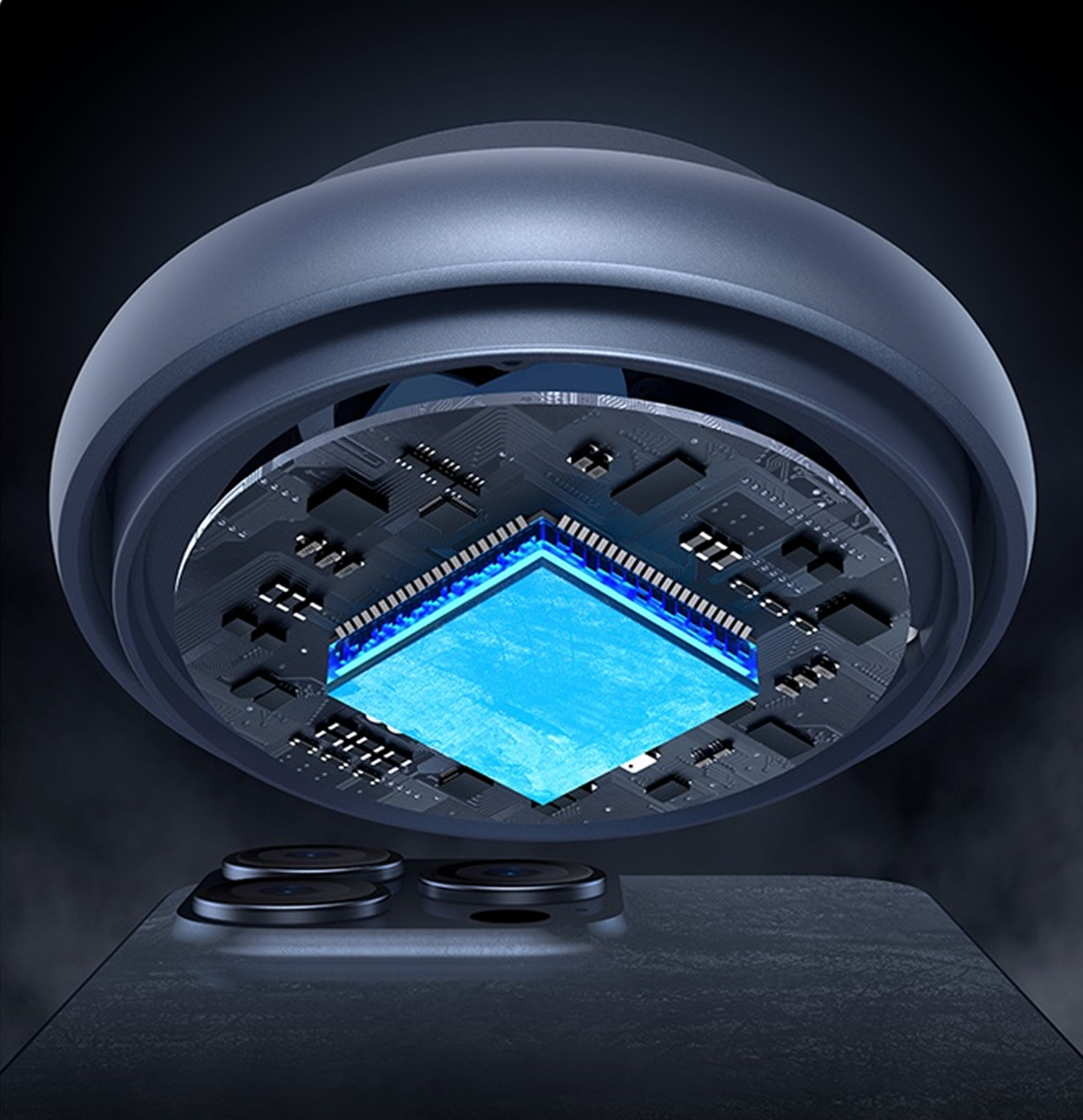 Un módulo de cámara de smartphone con un chip azul sobre el bloque de cámara.