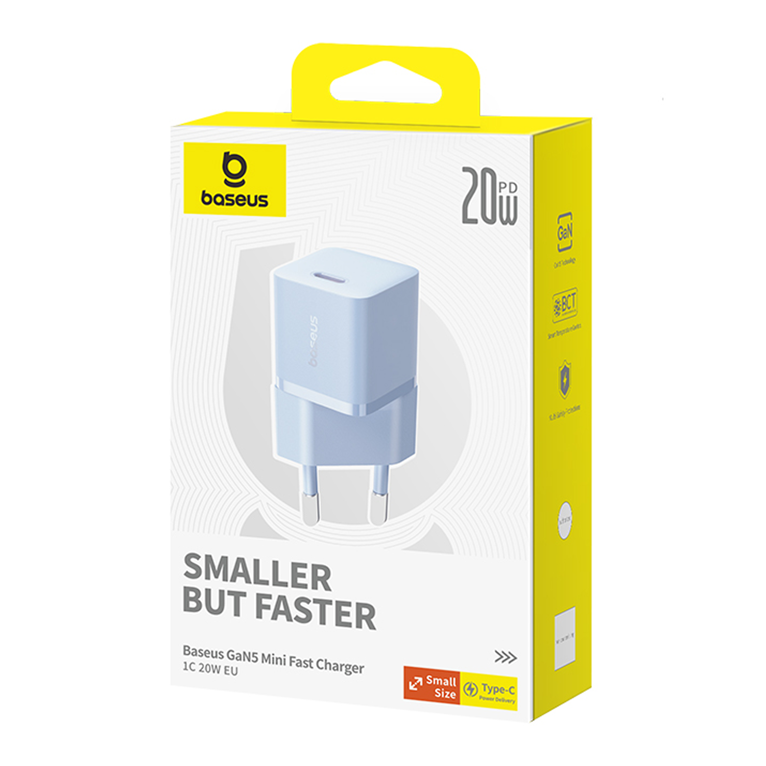Embalaje del cargador rápido Baseus GaN5 Mini, 20W, blanco y amarillo.