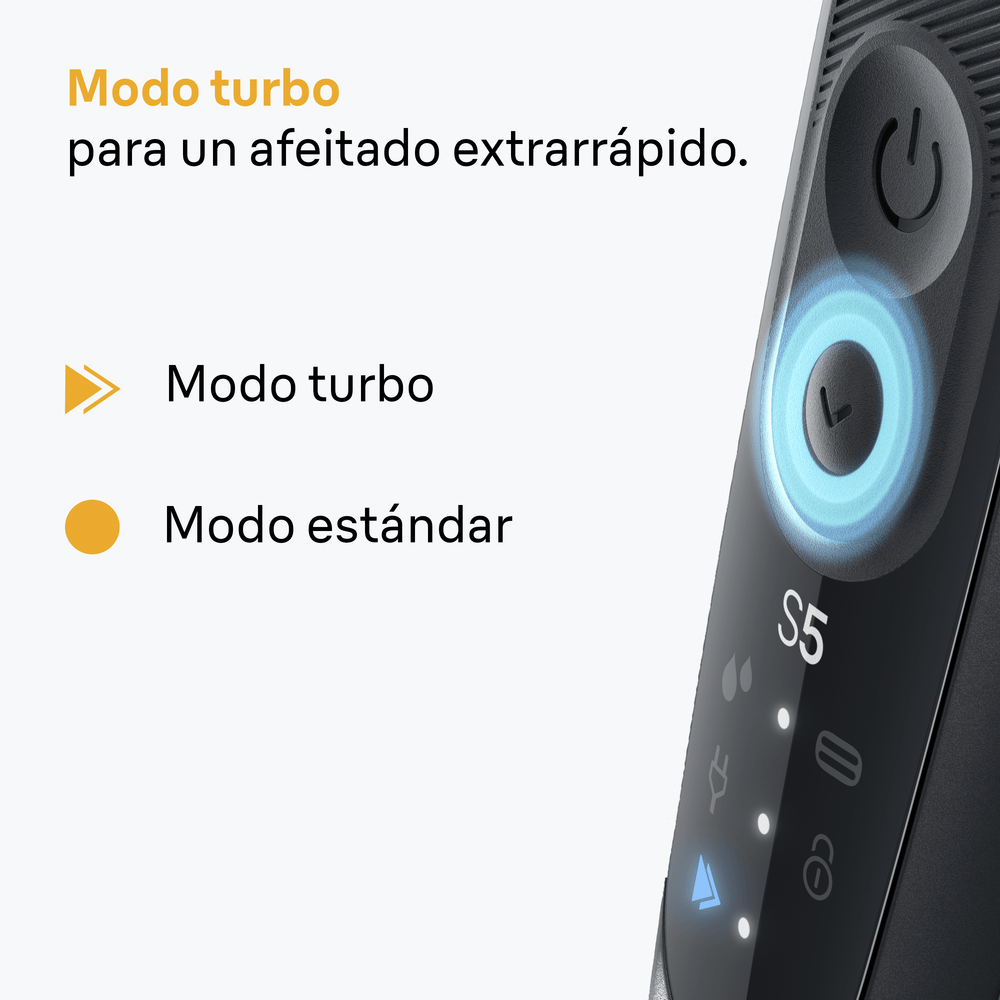 Modo turbo para un afeitado extrarrápido. Modo turbo. Modo estándar.