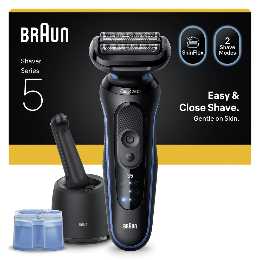 Afeitadora eléctrica Braun Serie 5 con base de carga y cartucho de líquido.