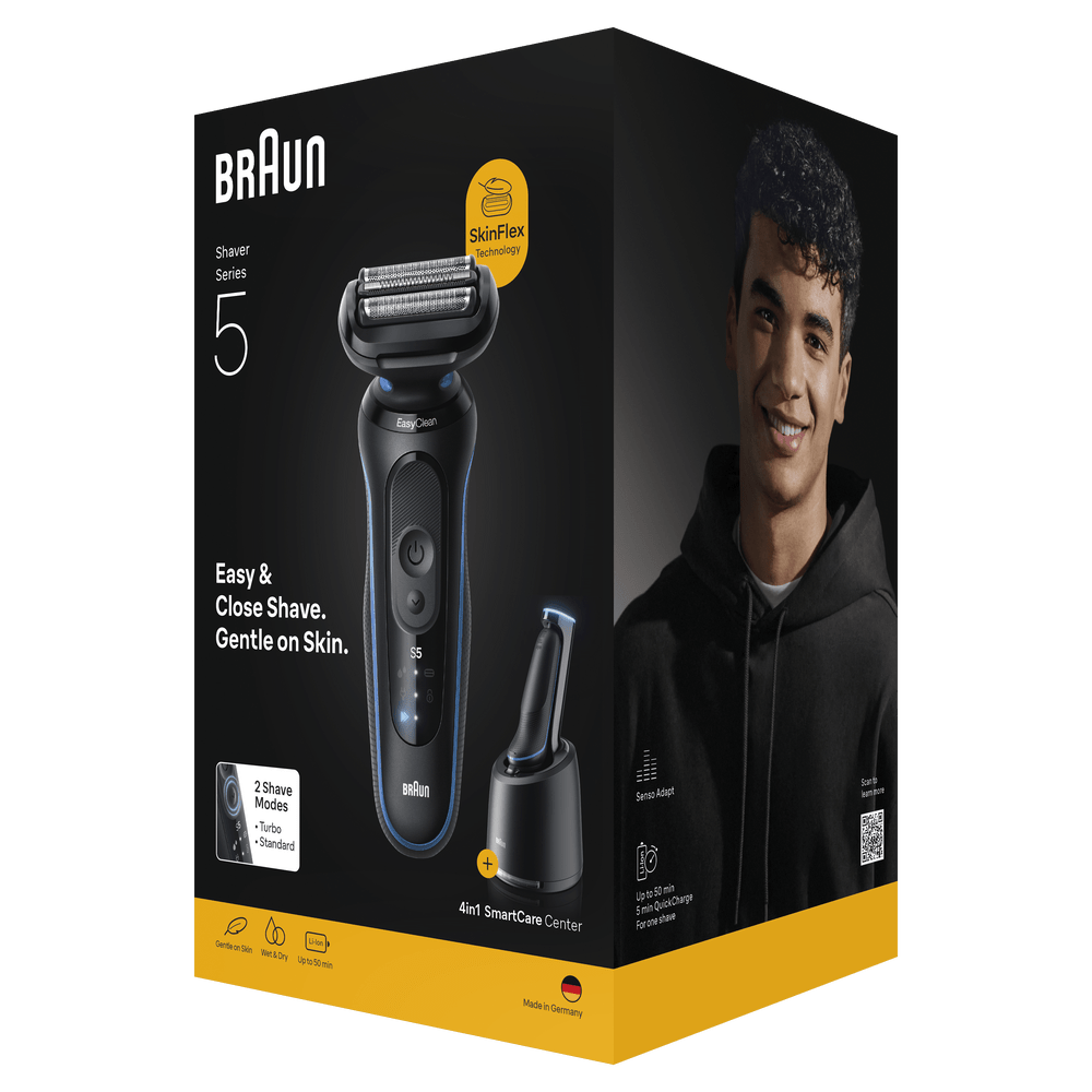 Afeitadora Braun Serie 5 con SmartCare Center. Hombre sonriente con capucha.