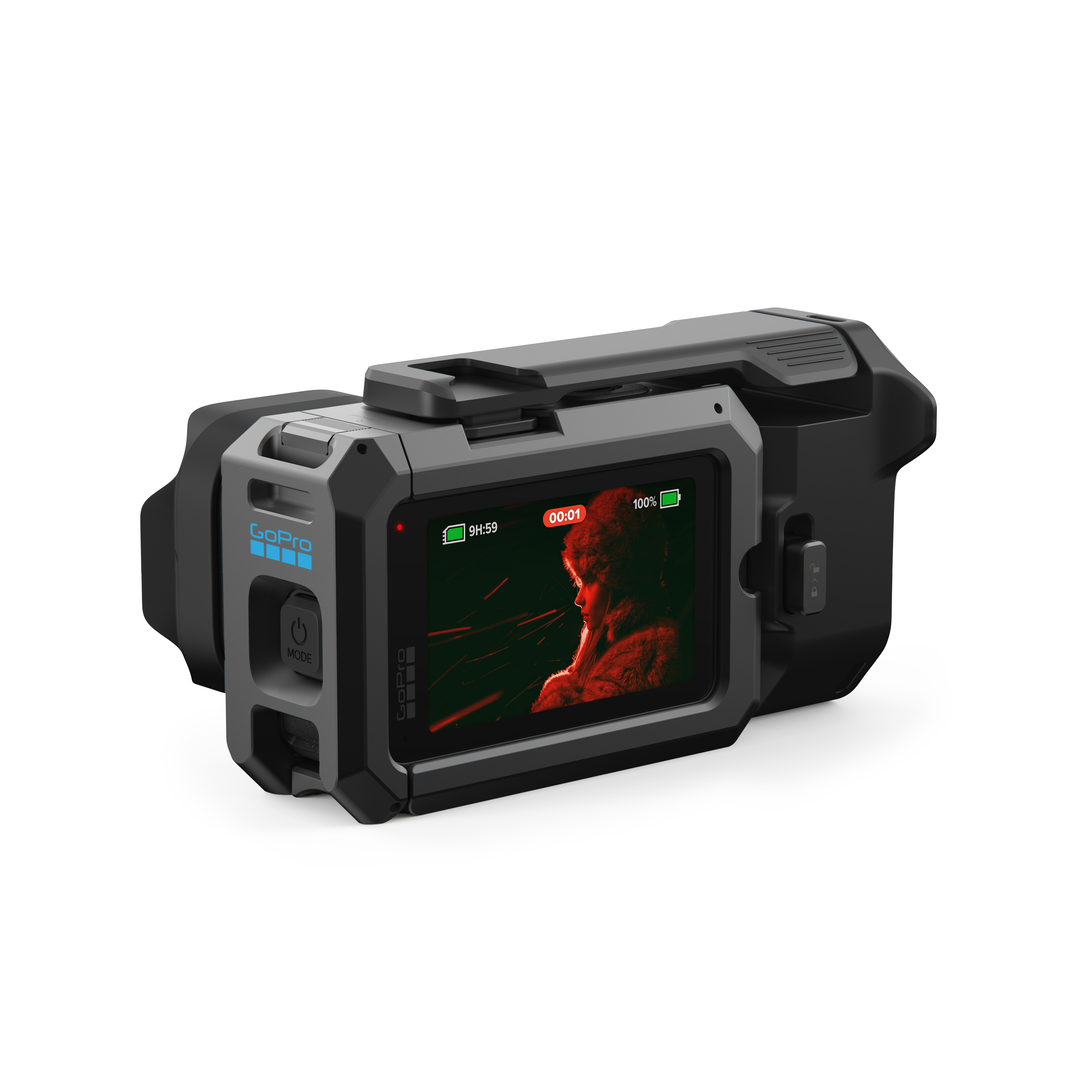Eine schwarze GoPro-Kamera mit einem Display, das eine Frau in einem Pelzhut zeigt.