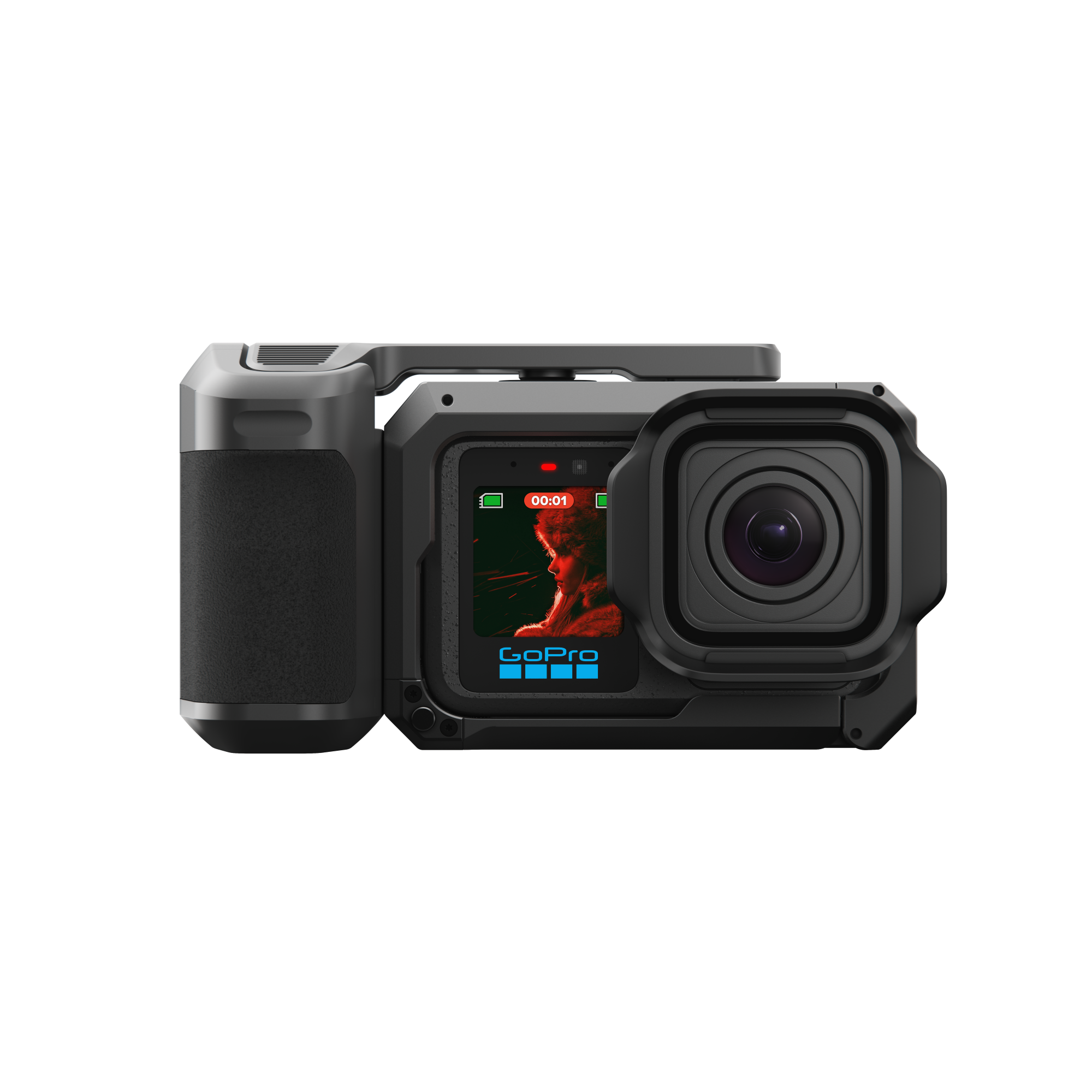 Eine schwarze GoPro-Kamera mit einem Bildschirm, der eine Frau mit einem Pelzhut zeigt.