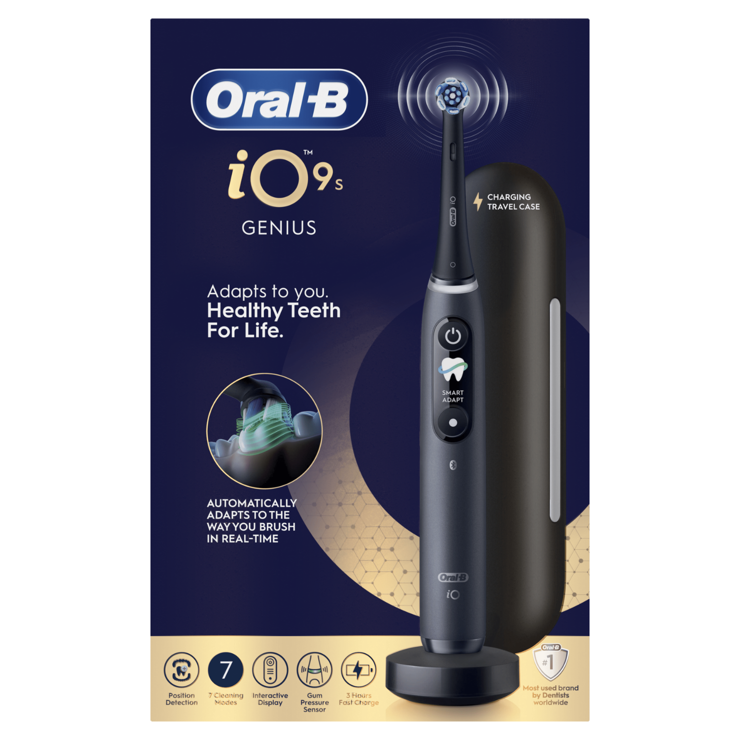 Cepillo dental Oral-B iO9s negro con base de carga y estuche de viaje. Pantalla muestra cepillado.