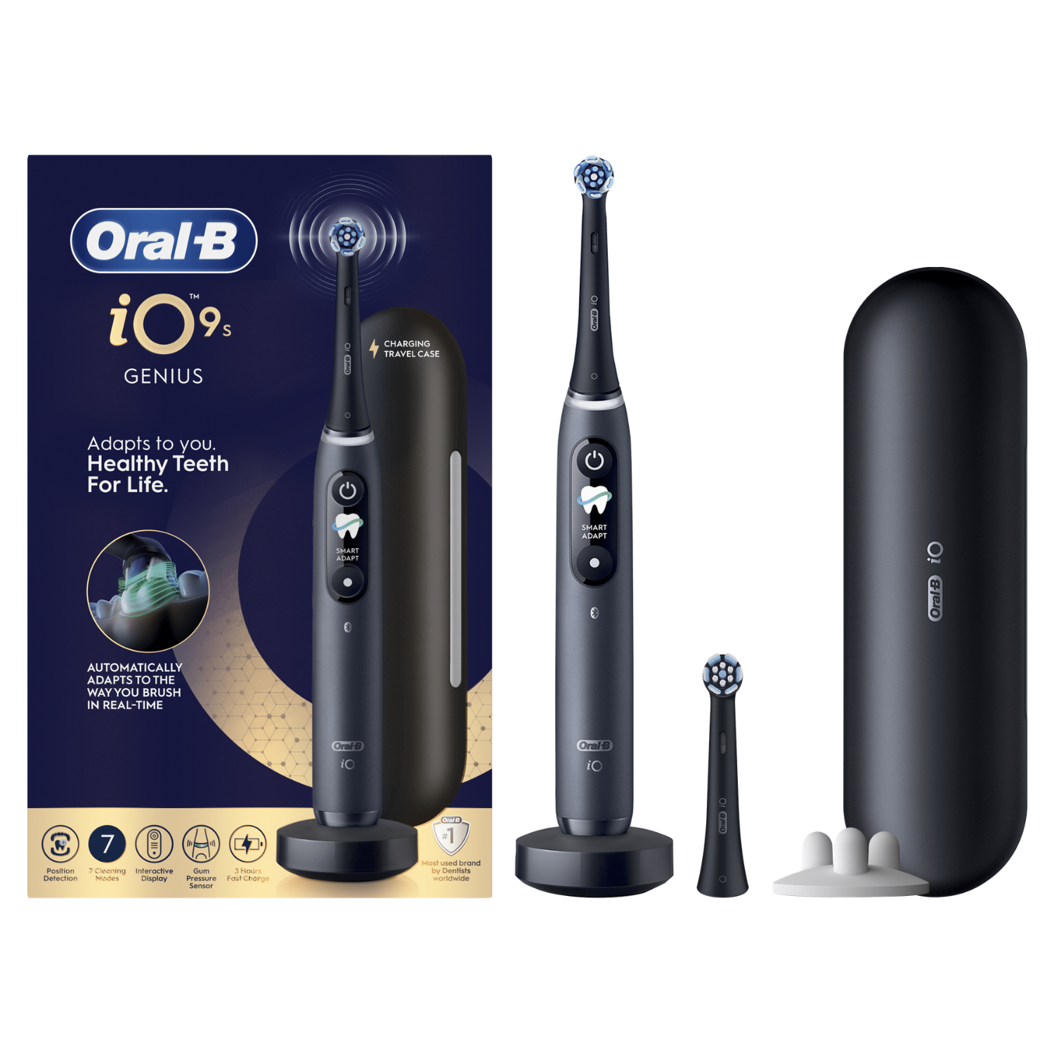 Cepillo eléctrico Oral-B iO9s, estuche de carga y cabezal de repuesto sobre fondo blanco.