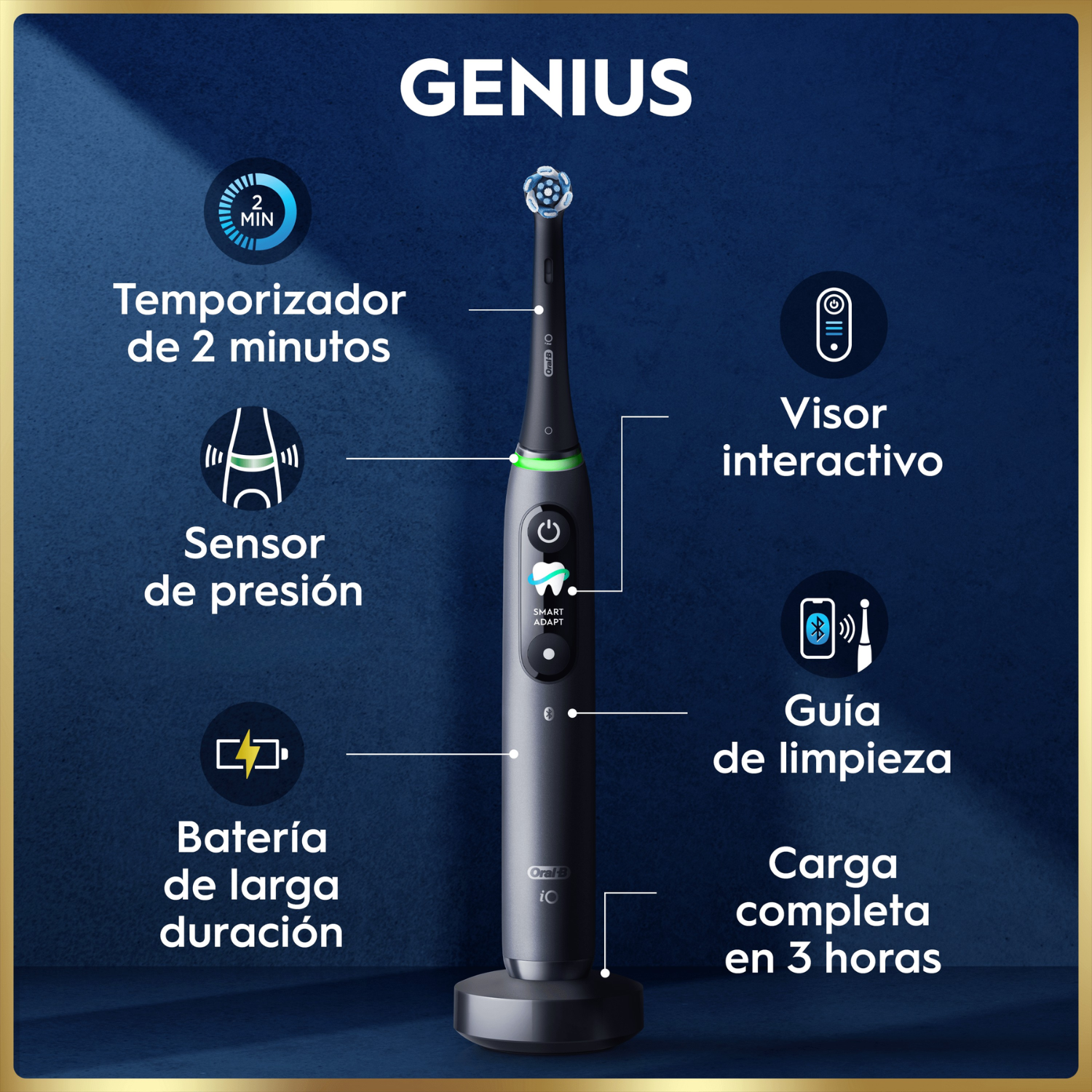 Genius. Temporizador de 2 minutos. Visor interactivo. Sensor de presión. Guía de limpieza. Batería de larga duración. Carga completa en 3 horas.