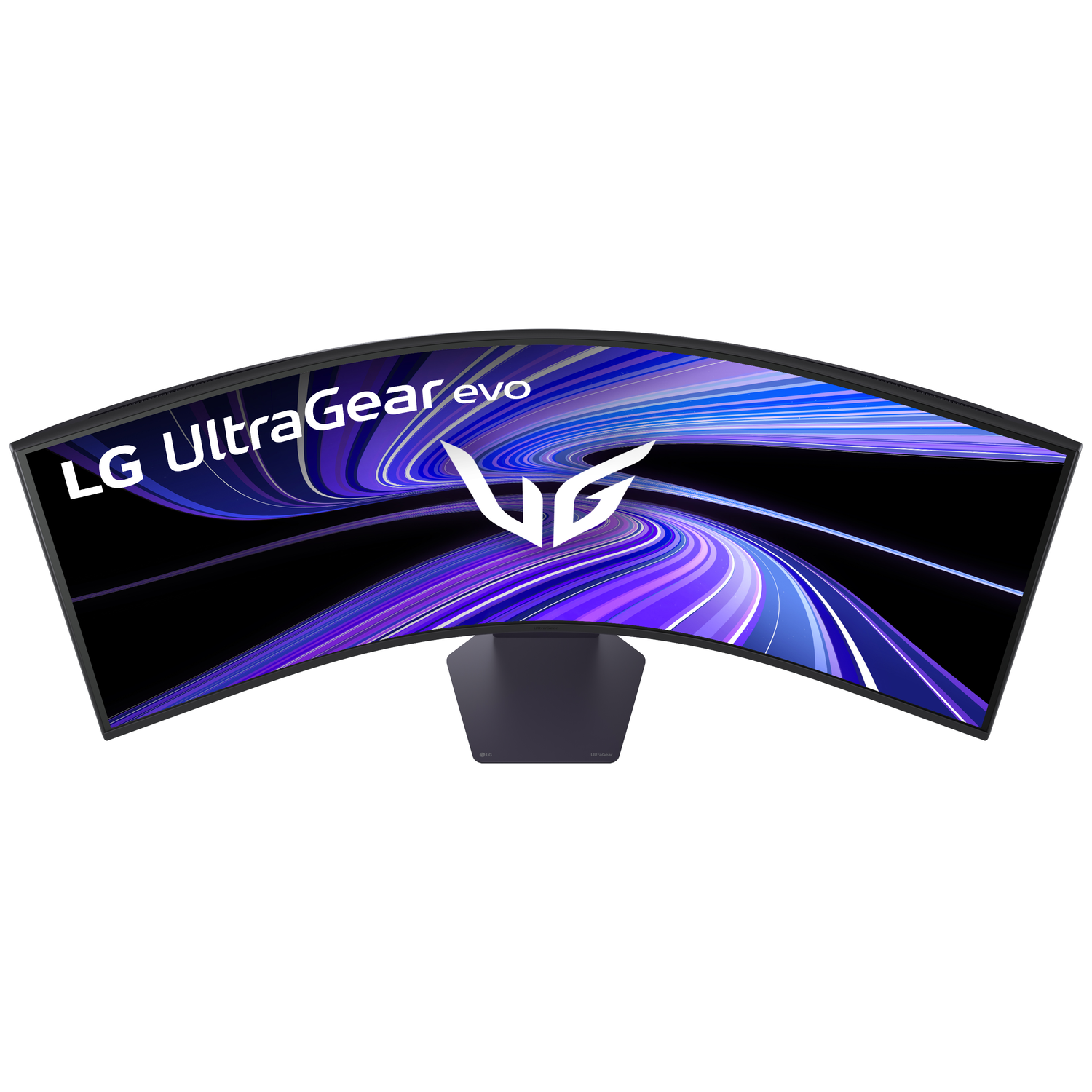 A curved LG UltraGear monitor with purple and blue stripes on the screen.